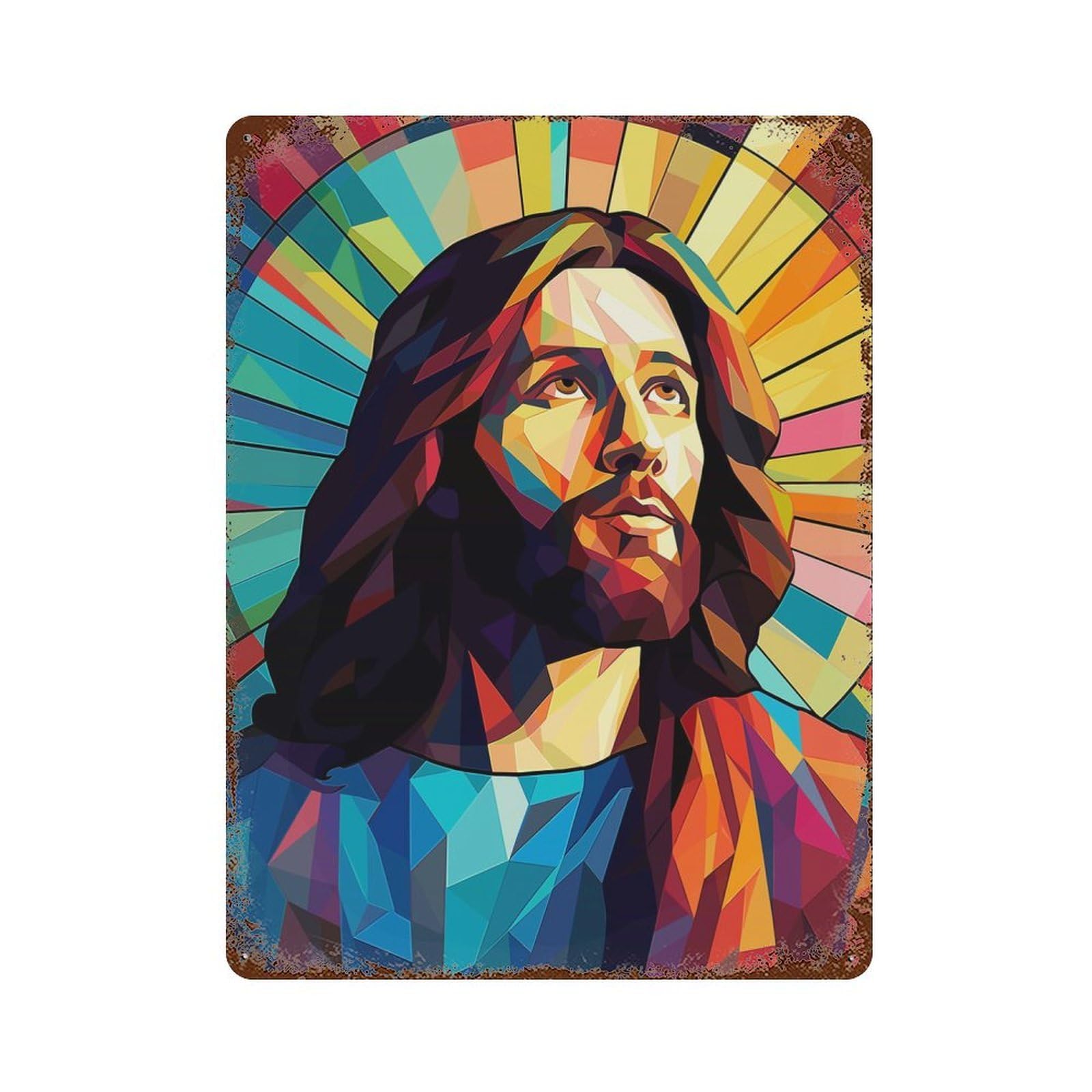 Jesus Christ Stained Glass Weathered Tin Sign 15.7"x11.8", Classic Wall Plaque for Patio, Garden Room And Bar Decor