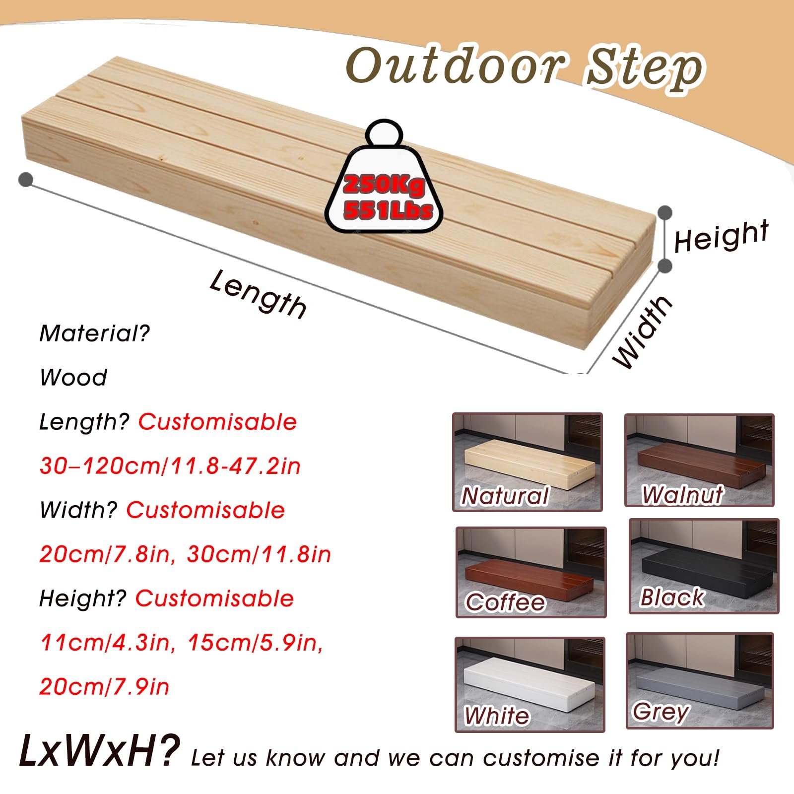 Marche extérieure en Bois Marchepied Extérieur pour Maison, Plateforme en Bois De 12 À 15 Cm De Haut pour Entrée De Chambre, Porche Ou Salle De Bain(H 8'',28x12in/70x30cm)