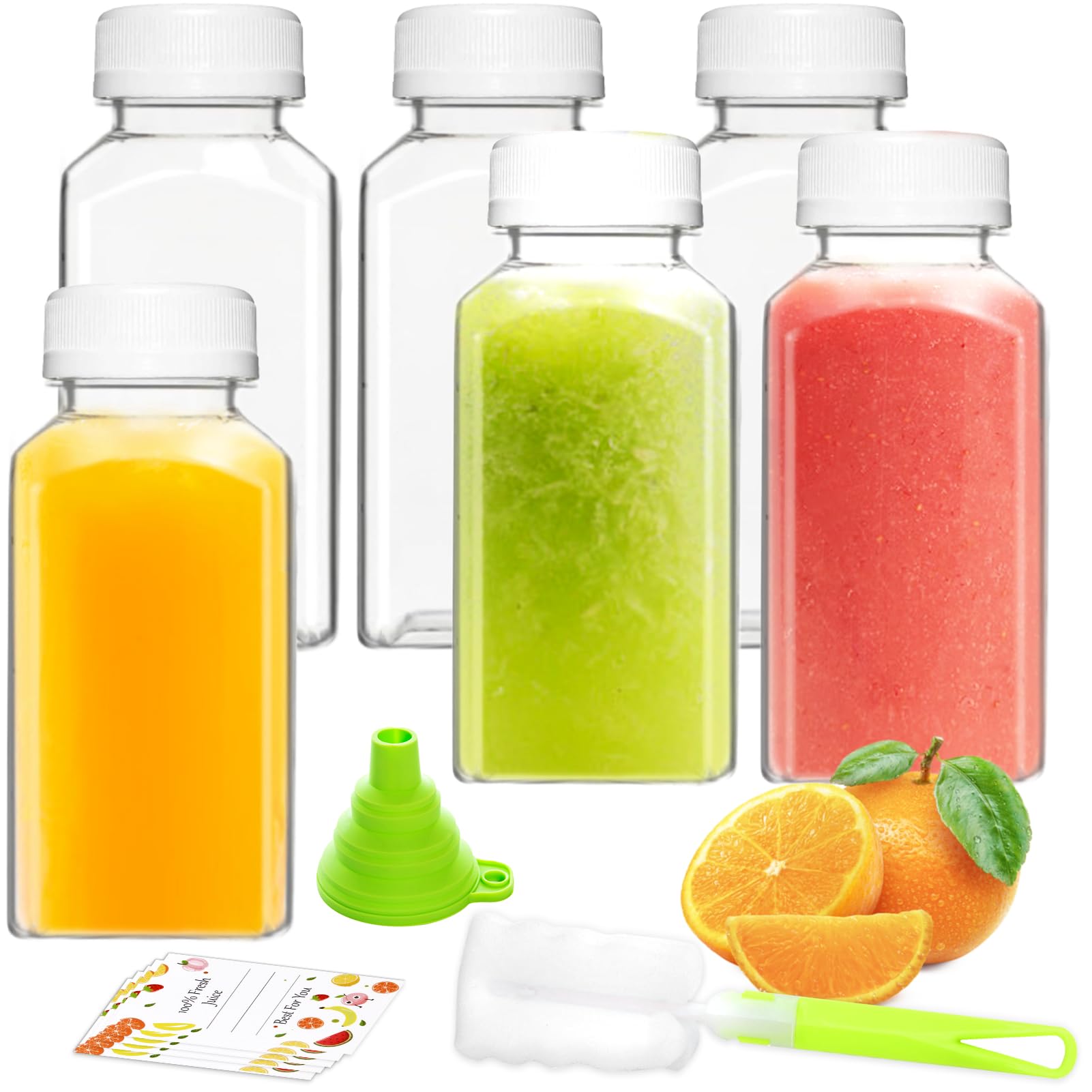ztarraum Plastic Juice Bottles, Reusable Juice Containers with White Tamper Proof Lids, Brush, Funnel and Labels, Clear Juice Containers for Juicing, Smoothie and Homemade Beverages (6PCS 8oz)