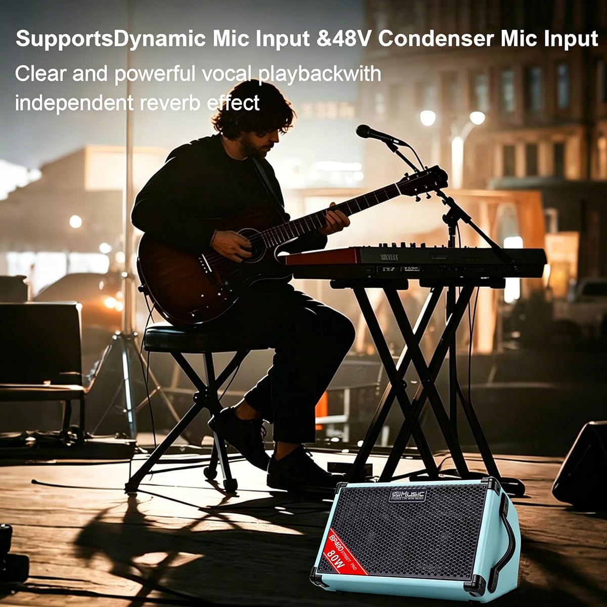 BP40D Akustikgitarre Verstärker Busking Amp - 80W tragbarer Bluetooth-Lautsprecher mit Akku, Chorus Reverb Delay Effekt, 6 Eingänge, 3-Band EQ
