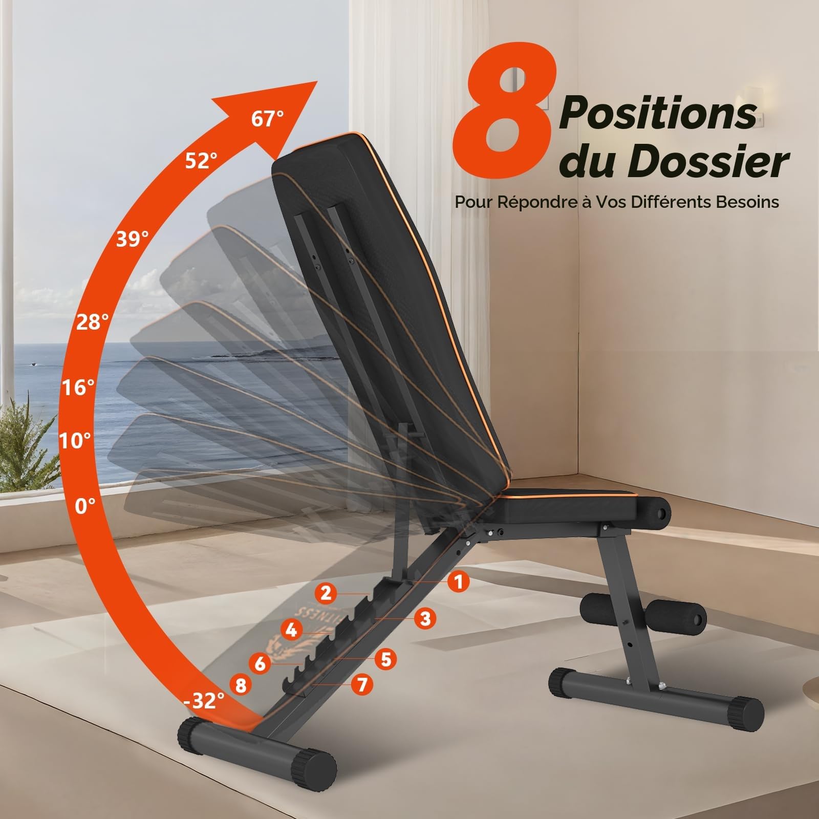 Banc de musculation réglable pliable avec dossier réglable sur 8 positions Banc de fitness Banc incliné pour un entraînement complet du corps Capacité de poids de 660 lbs