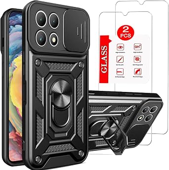 for T-Mobile Revvl 7 5G Phone Case | 2 Pack Tempered Glass Screen Protector, Military-Grade, Heavy Duty Protective, Lens Protects, Magnetic Kickstand Holder Black