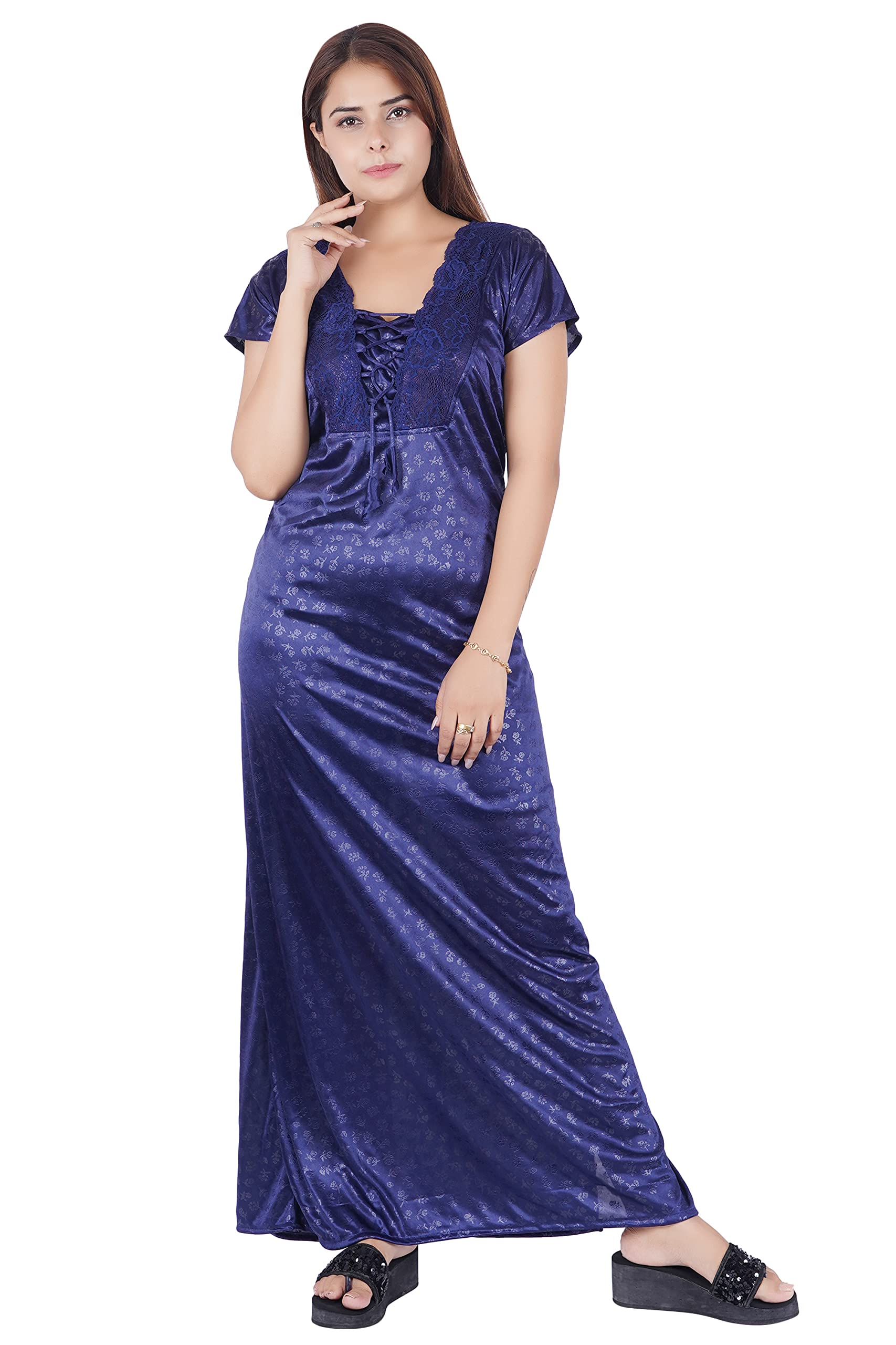 Women's Self Print Satin Nighty| Half Sleeves | Night Wear | Maxi for Women | Size-Large, V Shaped Neck (Article-392B) Blue-image-10