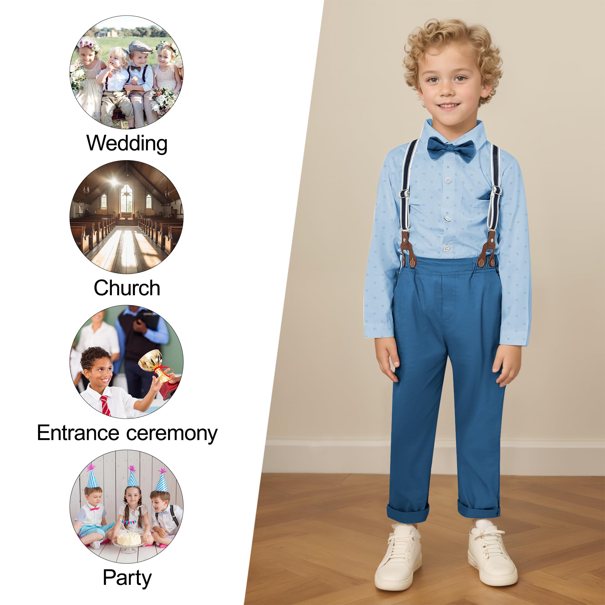 CARETOO Ropa para niños pequeños, trajes de boda para caballeros, trajes formales para niños, camisa de vestir con corbatín, pantalones largos, overoles 1-5T