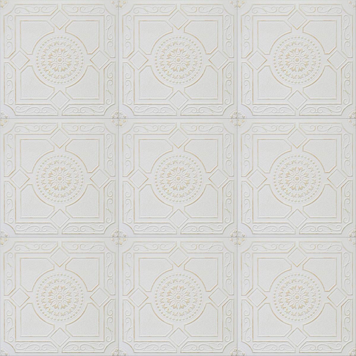 R30A White Satin Washed Gold 20x20 Amazing Styrofoam Tin Look Ceiling Tiles Easy to Glue Up On Any Type of Surface