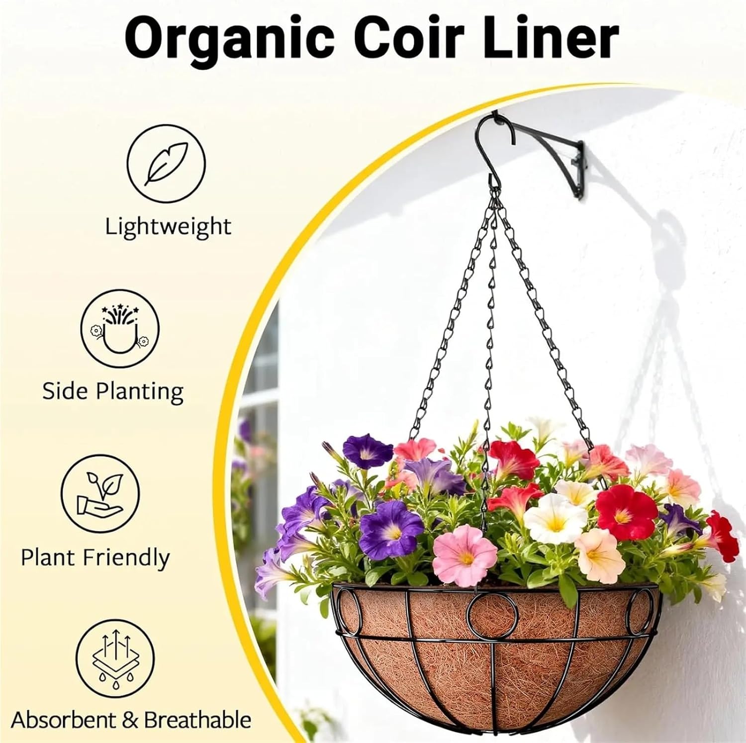 2 Pack Round Hanging Plant Baskets, 12 Inch Metal Wire with Coco Liner for Garden Patio Balcony Decor