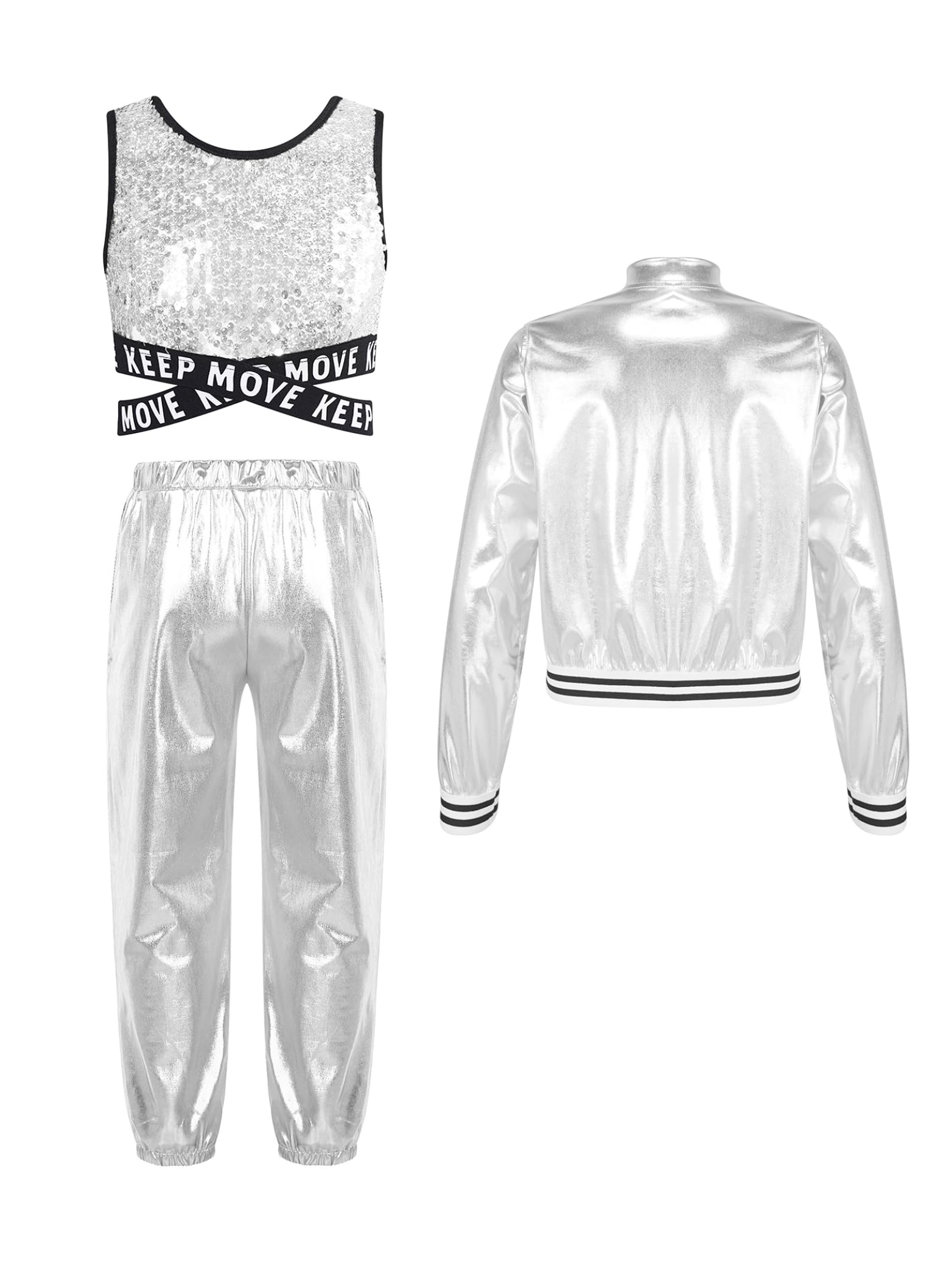 Jhaoyu Dziewczęcy metaliczny dres treningowy, 3-częściowy, hip hop, jazz, taniec, odzież, metaliczny T-shirt, kurtka, spodnie treningowe, legginsy, karnawał, imprezę, strój
