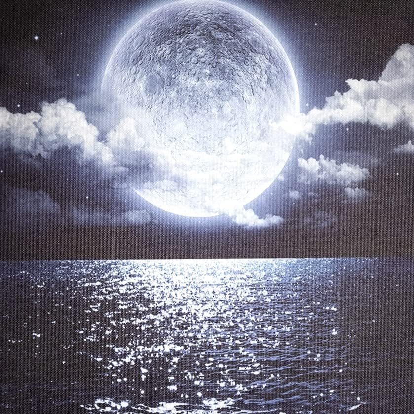 LB Framed Moon Over Ocean Canvas Wall Art Night Sky Full Moon White Cloud Painting Canvas Prints Wall for Living Room Bedroom Bathroom Home Decor Ready to Hang,12x16 inches 12"16"