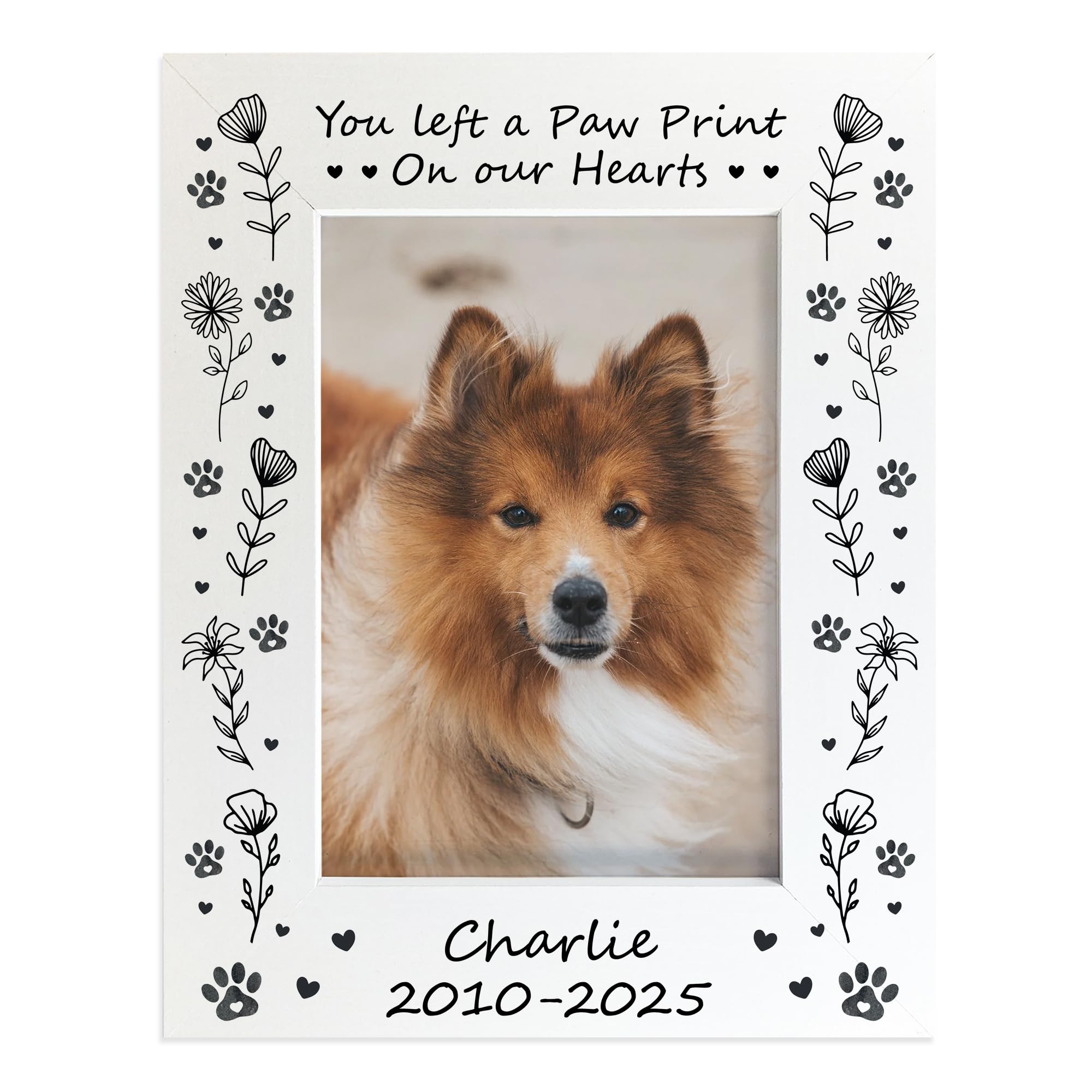 RED OCEAN Personalised Dog Memorial Photo Frame 7x5, Paw Print Pet Memorial Frame with Name and Dates, Pet Loss Sympathy Gift, Wooden Dog Remembrance Frame