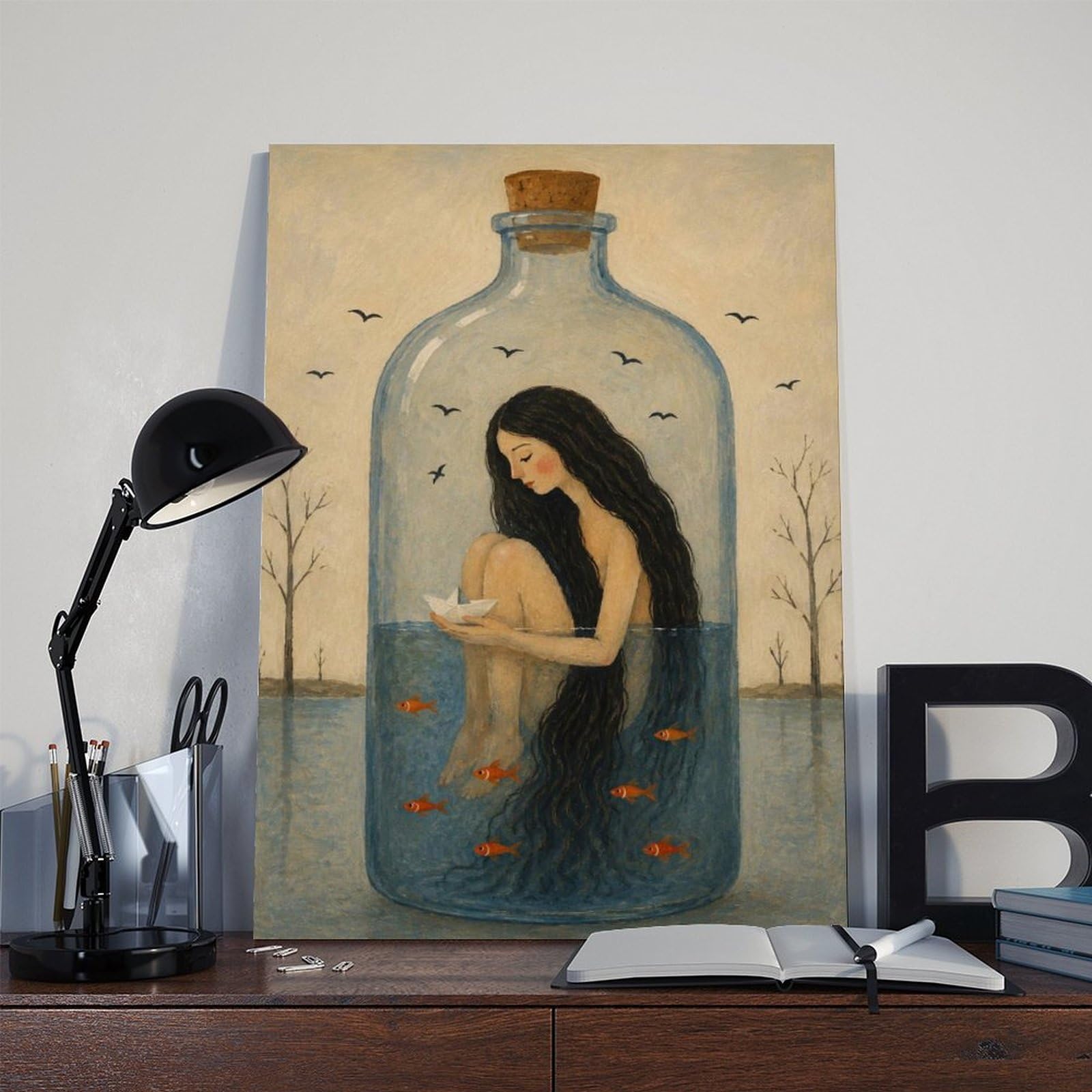WRTYVE Poster su tela con donna surreale in bottiglia di vetro, per soggiorno, decorazione regalo