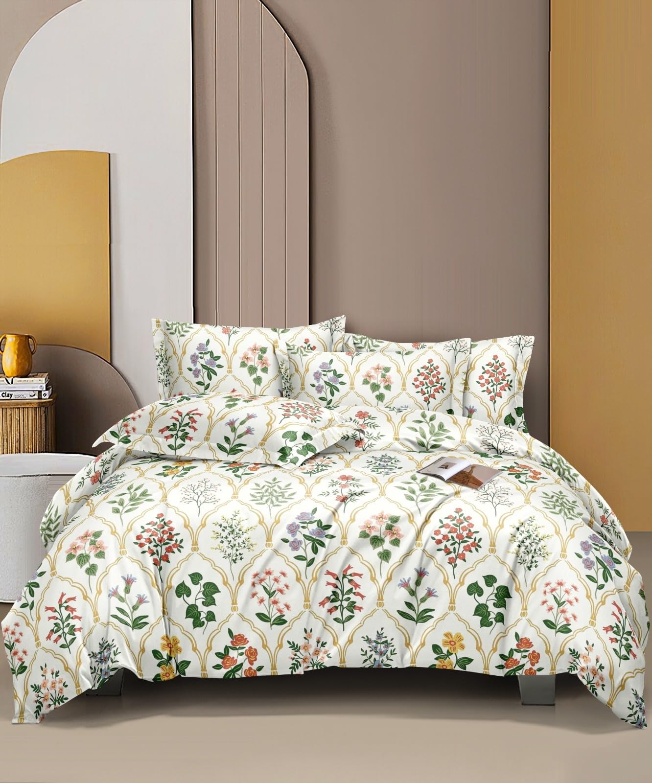 THE HOME STYLE 400 TC Cotton Feel Glace Cotton Elastic Fitted All Around Printed King Size Double Bed Bedsheet wih 2 Pillow Cover (72"x78"), Multicolor