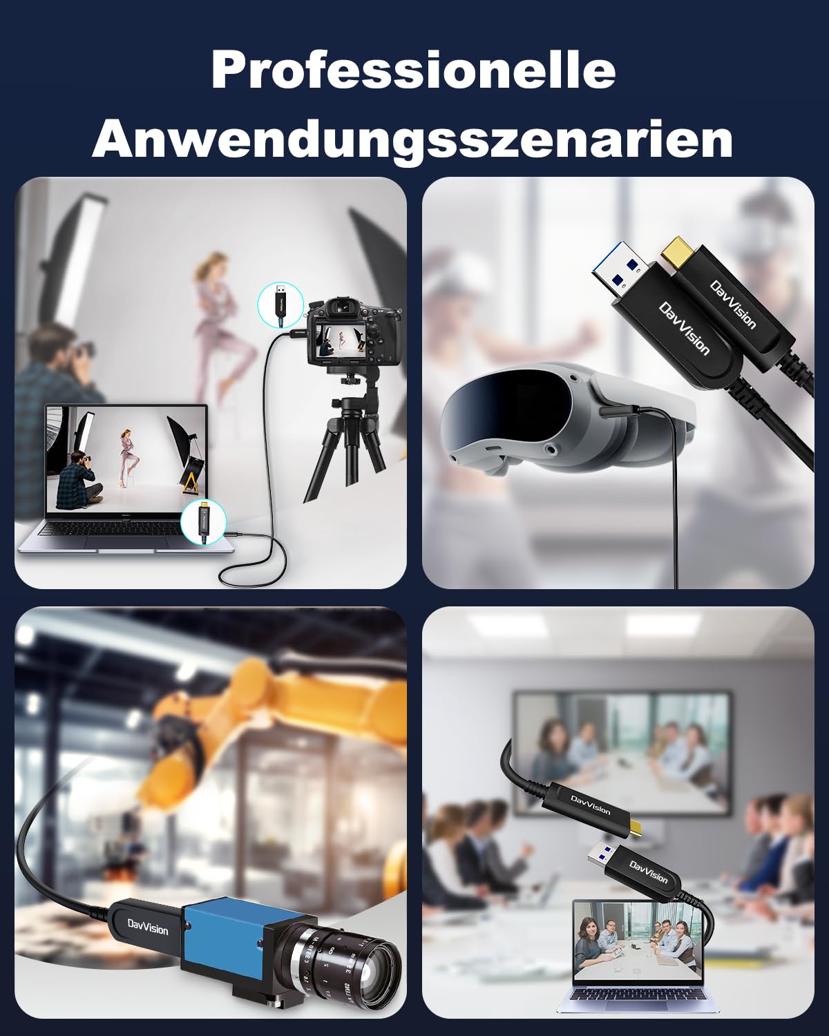 USB A auf USB C Glasfaserkabel 10m, 10Gbps USB 3.2 Gen2 Verlängerungskabel mit deutschem SiliconLine-Chip, ultradünn und lange Distanz für Logitech 4K Kamera, VR/AR, Videokonferenz