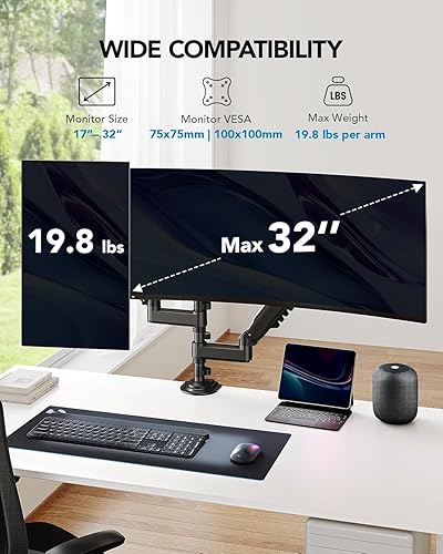 Miniatura 2 de HUANUO Soporte para monitor doble de 17 a 32 pulgadas, NITROGLIDE Soporte para monitor doble, soporte para monitor 2 monitores, inclinación