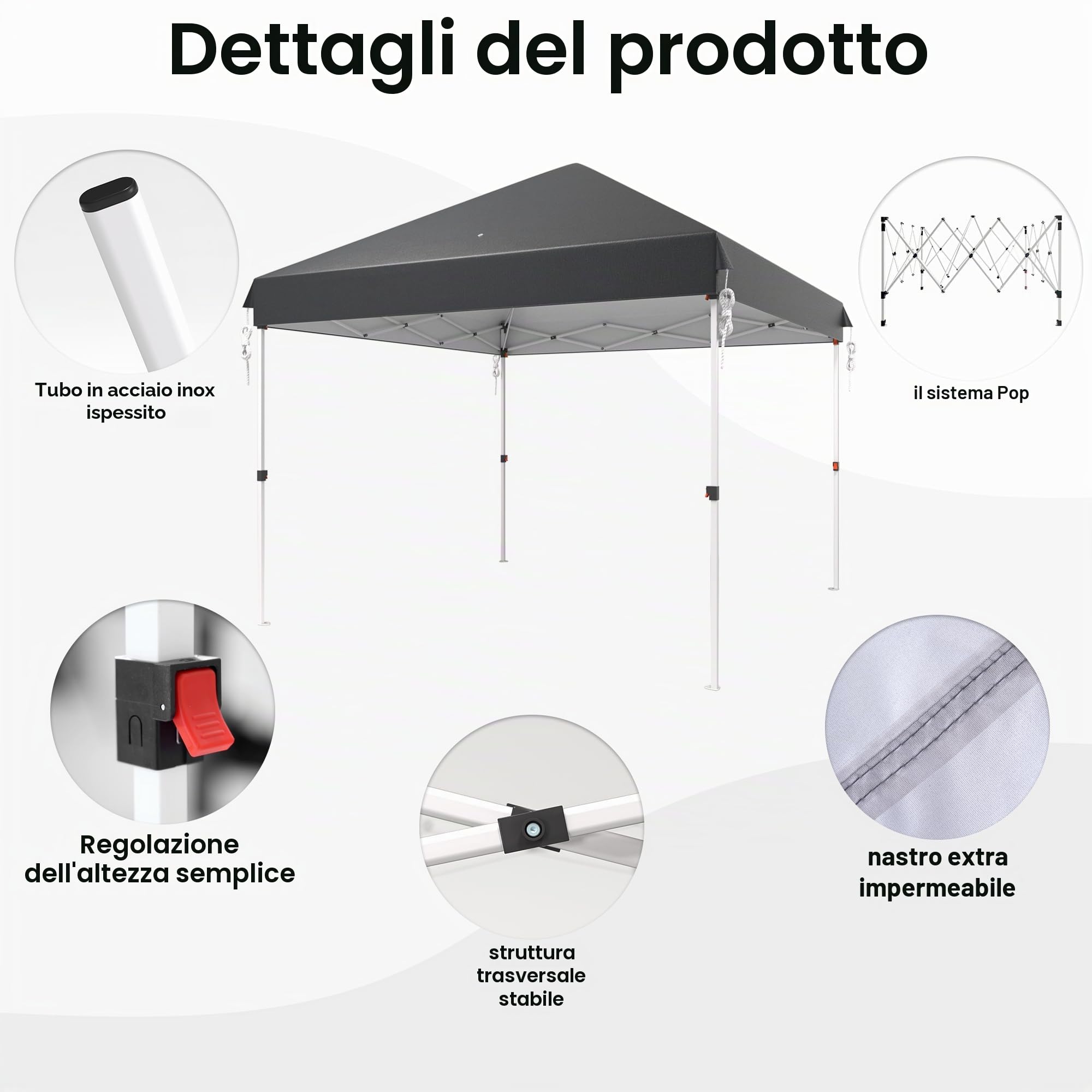 Gazebo pop-up 3x3 cm impermeabile stabile pieghevole con peso pieghevole in altezza con borsa a rotelle, tenda di ricezione, protezione UV 50+, grigio scuro