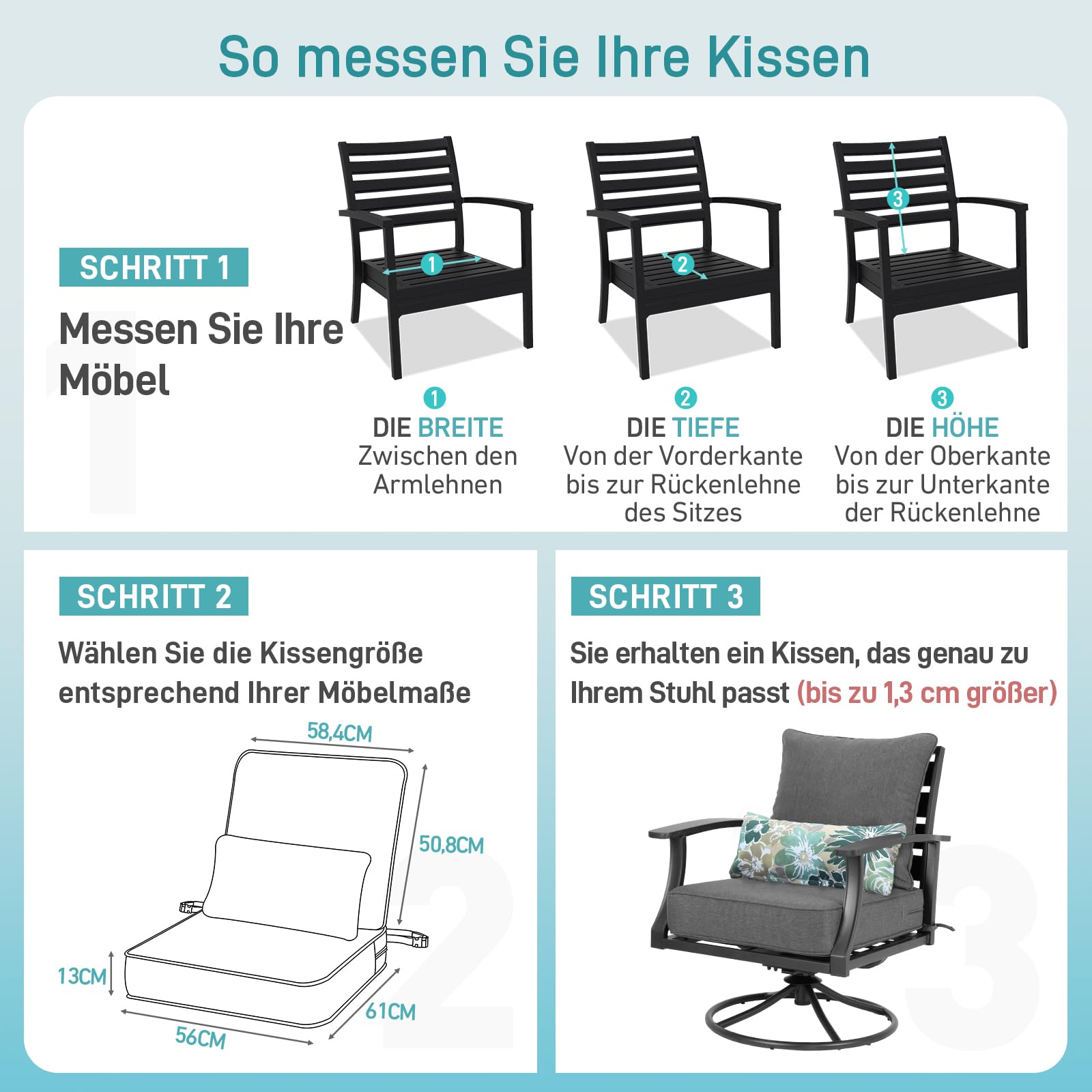 Aoodor Outdoor Sitzkissen, Anthrazit, 61x56x13 cm, 2er-Set | Mit Rückenlehne & Lendenkissen, Wasserabweisendes Olefin-Gewebe, Lichtbeständig, Für Gartenstühle, Rattansessel & Balkonmöbel