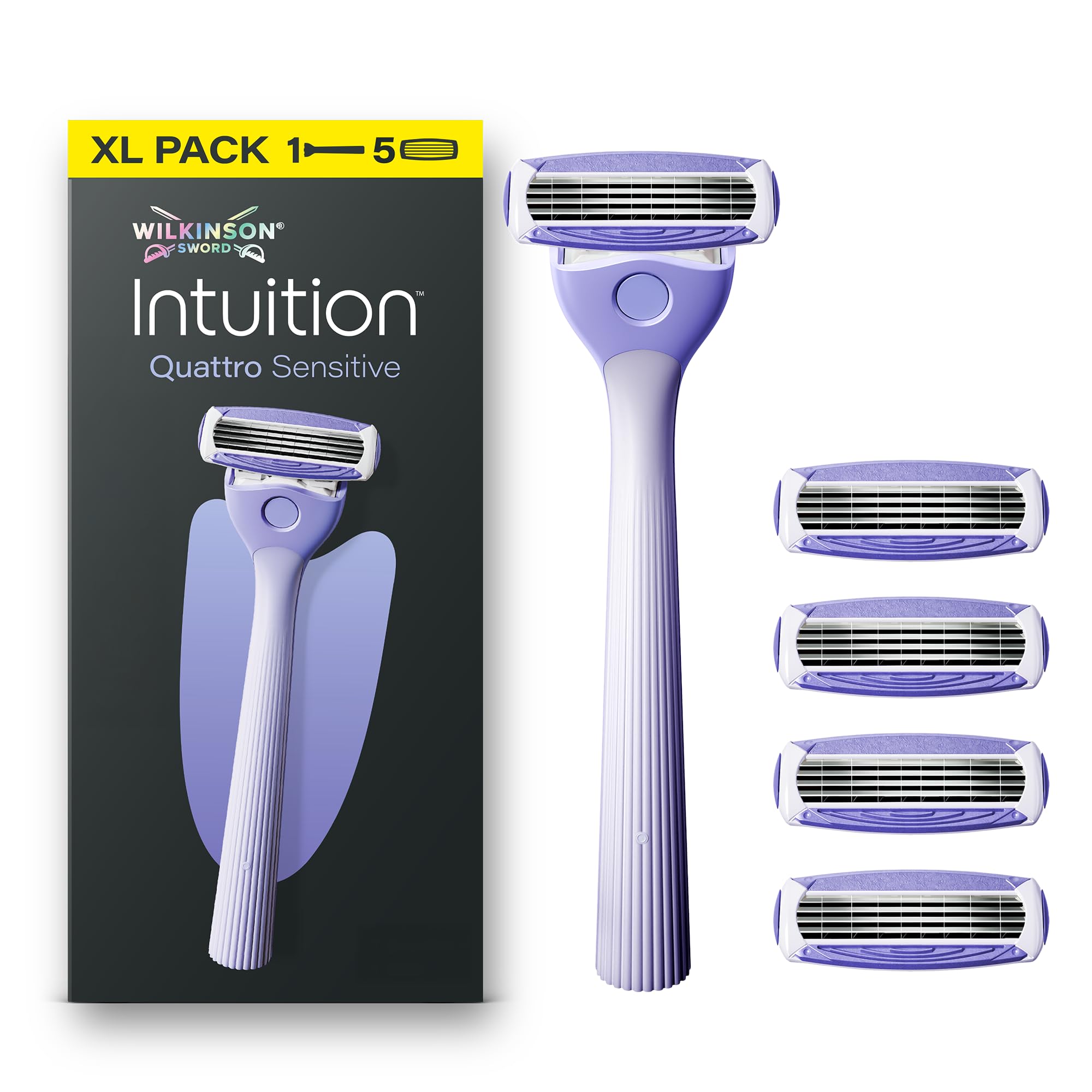 Wilkinson Sword Intuition Quattro Sensitive Skin Razors for Women, Starter Pack, Women’s Razor Handle Plus 5 Blade Refills