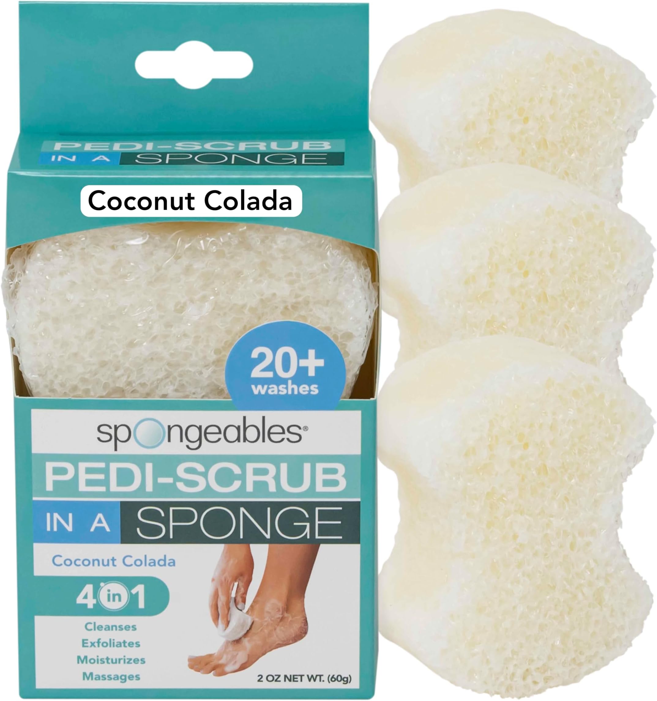 Spongeables Pedi-scrub Foot Buffer, The Soap is In The Sponge, Contains Peppermint and Tea Tree Oil, Foot Exfoliating Sponge, 20+ Washes, Mint Scent, 2 Ounce Sponge, Pack Of 3, 3 Count, White
