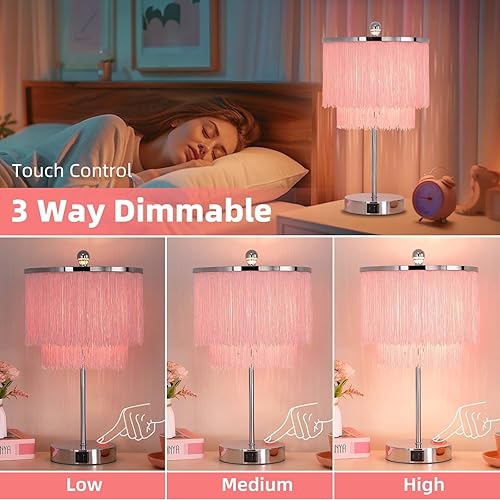 Miniatura 2 de Lámpara rosa para habitación de niñas, lámparas táctiles regulables de 3 vías con puerto USB, lámpara para niñas con pantalla de borla, lámpara de