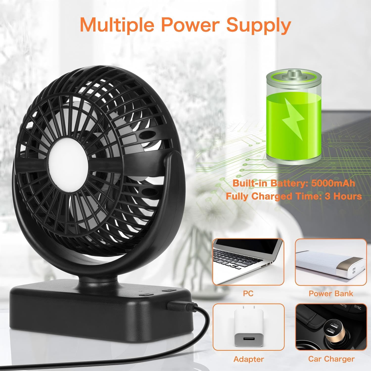 Ventilador portátil de camping con linterna LED - 40 horas de funcionamiento Ventilador recargable a pilas con gancho para colgar en tienda, coche, autocaravana, huracán, equipo de supervivencia