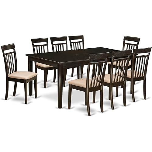 East West Furniture HECA9-CAP-C 9 Piece Dining Set Includes a Rectangle Dining Room Table with Pedestal and 8 Linen Fabric Upholstered Kitchen Chairs, 42x72 Inch, Cappuccino