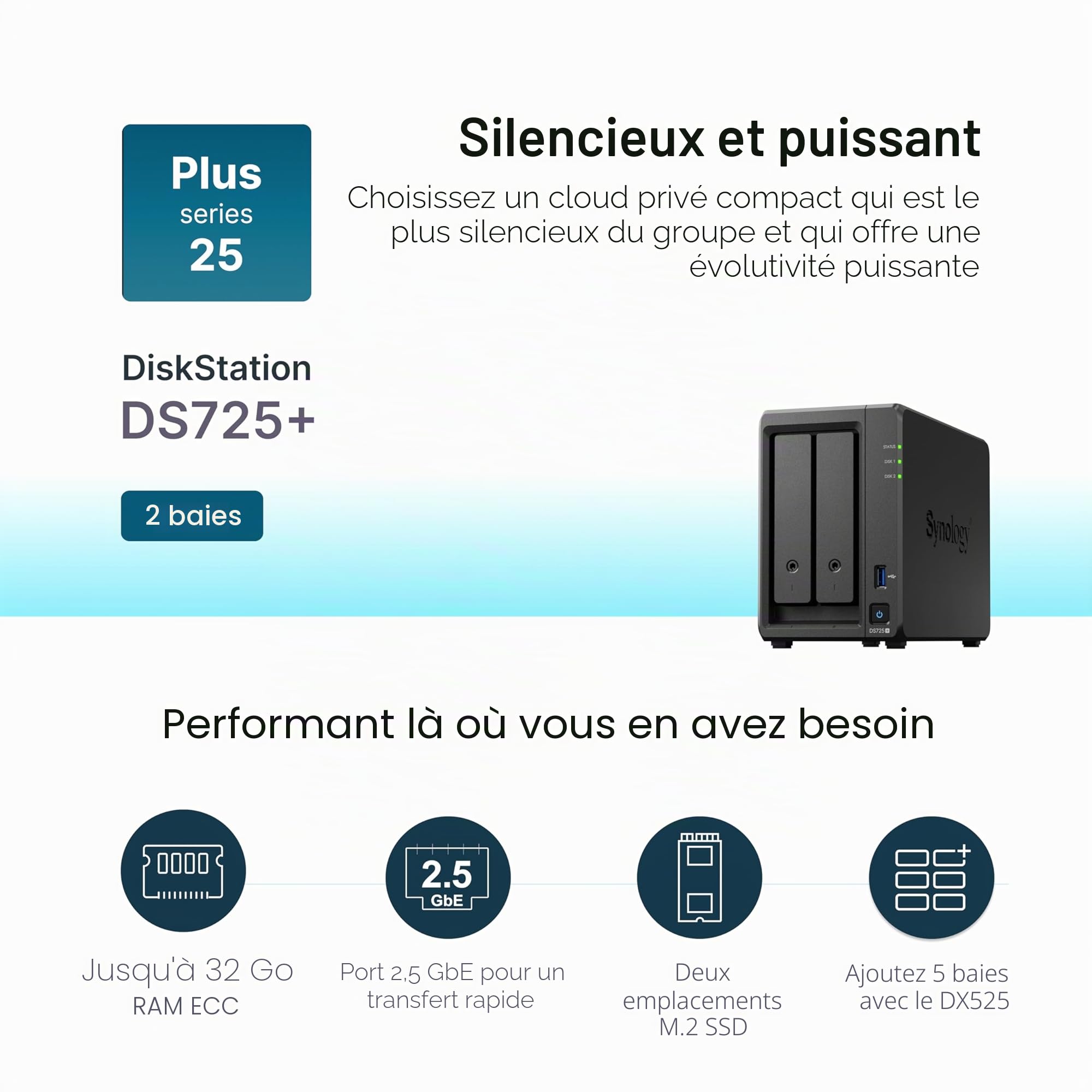 Synology Kit NAS DS725+ à 2 Baies, processeur Ryzen, mémoire 4 Go, utilisateurs Standard 2,5 GbE-NIC, revendeur Domestique autorisé, Field Lake, Support téléphonique, DiskStation