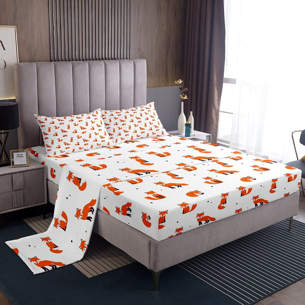 Feelyou Fox Bedding Set Cute Animal Pattern Bed Sheet Set for Kids Boys Girls Woodland Fitted Sheet Full Size Includes 1 Flat Sheet 1 Sheets & 2 Pillowcases