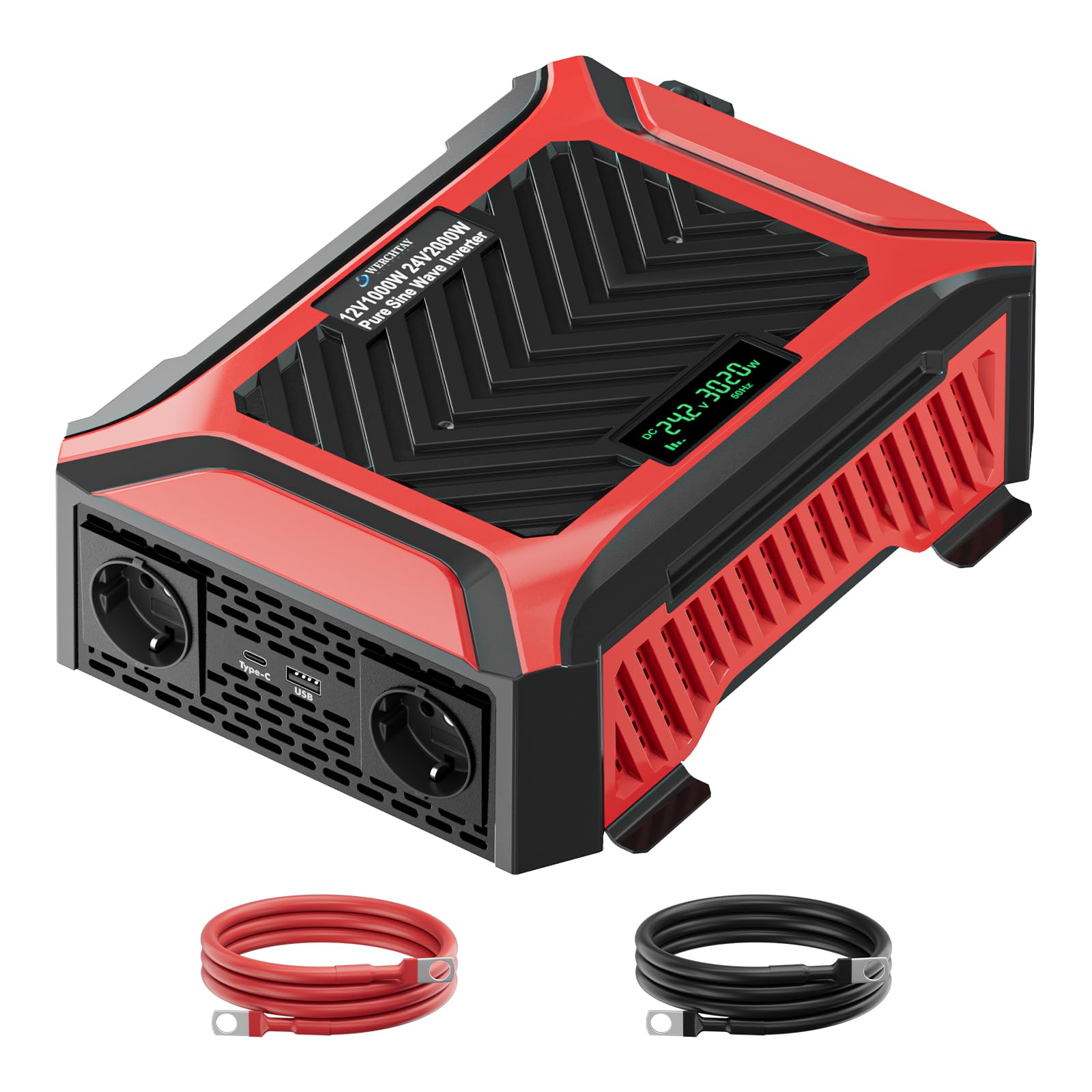 Wechselrichter 12V auf 230V Reiner Sinus 2000W/4000W(Dauerleistung 1000W/2000W) Doppel Spannungswandler, intelligentem Erkennungssystem mit 2 EU Steckdose, 1Type-C, 2.1A USB, für Haushaltsgeräten, LKW