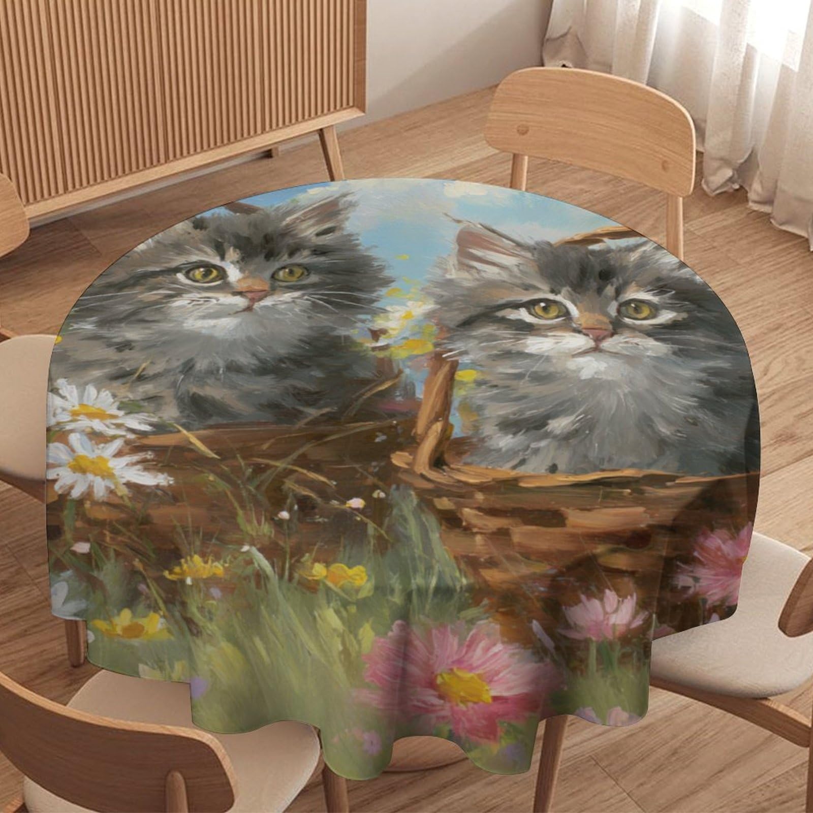 LUYYSKY Cute Abstract Kittens Waterproof Round Tablecloth Realistic Oil Painting Spring Garden Daisies Floral Animals Cats Washable Table Cover for Kitchen-70 Wx70 L