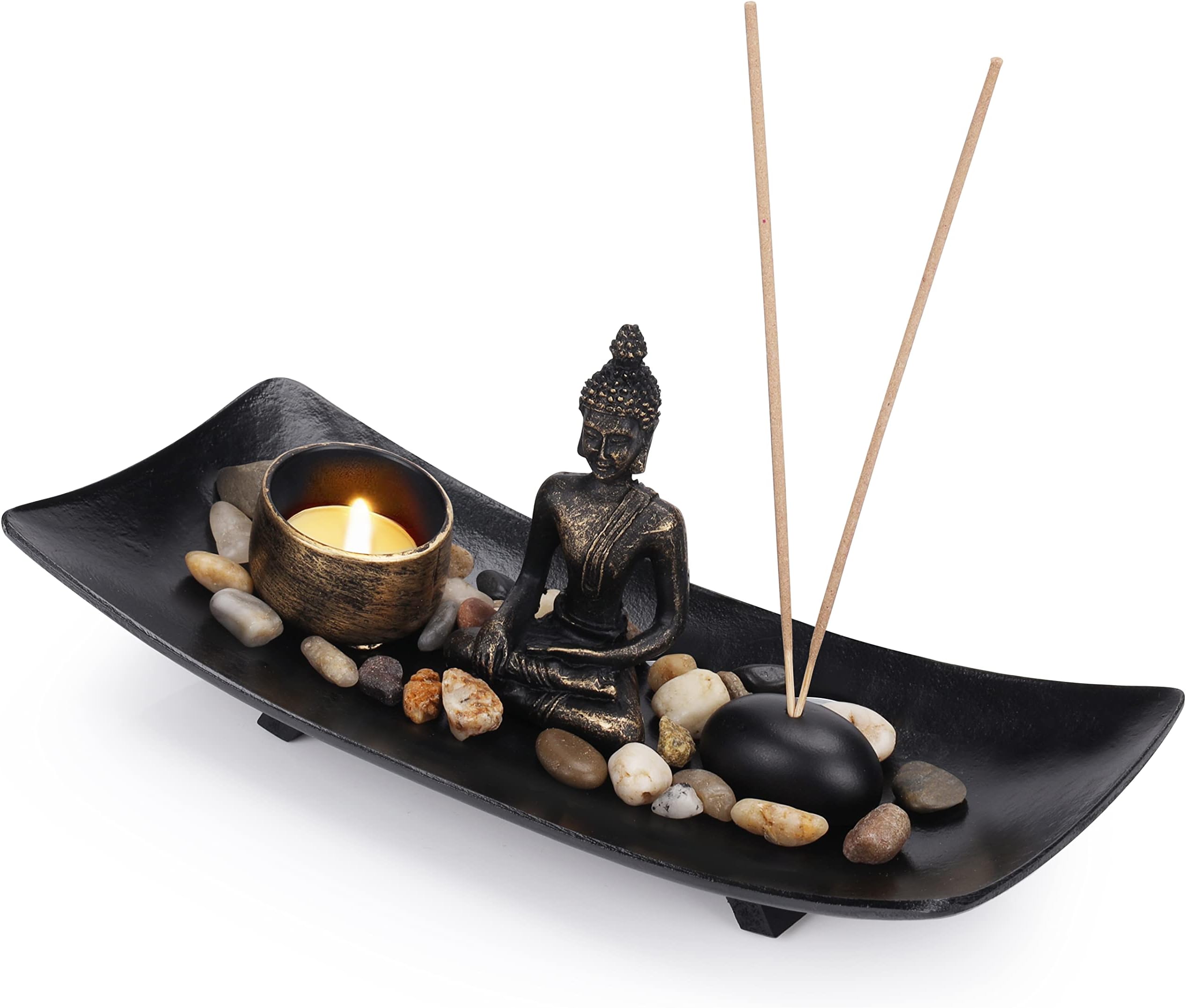 Sitting Buddha Candle and Incense Holder in Zen Garden Tray – Natural Stones, Tealight Holder and Mini Statue – Table Top Ornament for Gift, Home Decor and Office