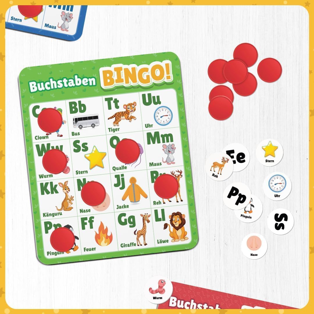 NIYYAH Nauka liter ABC Bingo gra edukacyjna dla dzieci od 4, 5, 6 lat, dla początkujących w szkole, do szkoły podstawowej, przedszkola, 1 klasa, prezent na rozpoczęcie szkoły, dla dziewczynek i
