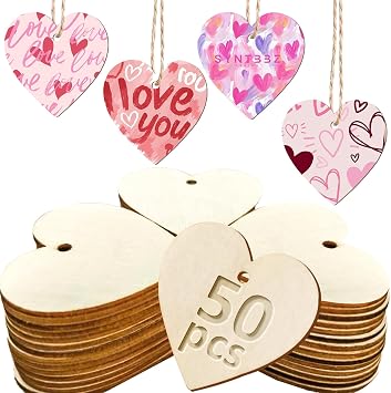 MEMOVAN 2" Wood Heart Cutouts 50PCS Natural Heart Wood Slices DIY Heart Wooden Ornaments Embellishments Blank Heart Slice with Rope Wooden Hearts for Crafts Valentine Wedding Thanksgiving Birthday