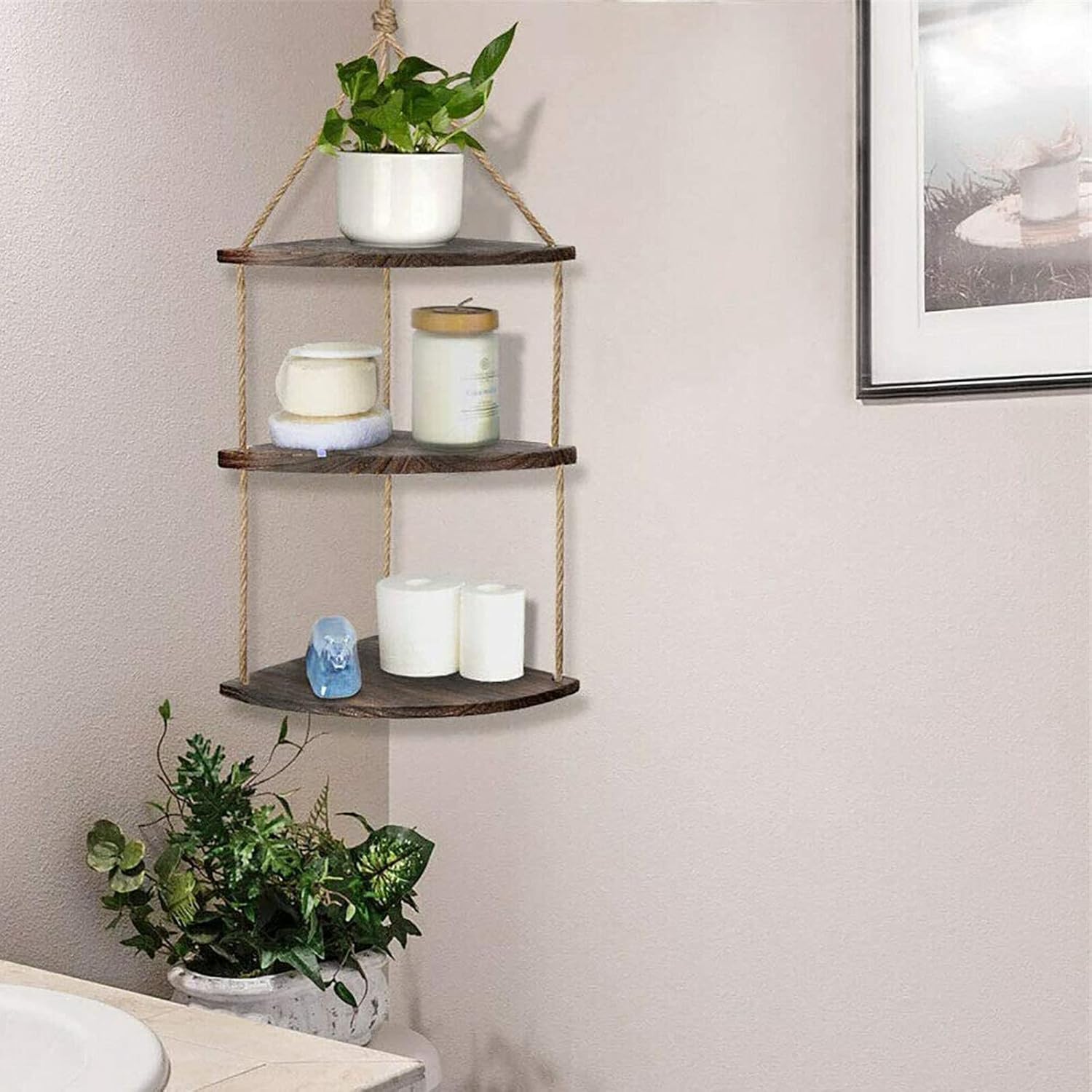 YUDIZWS Hanging Corner Shelves 3 Tier Wooden Rustic Jute Rope Shelving Organizer Displays Wall Mounted Floating Corner Shelf Storage Unit Storage Rack for Bathroom Living Room Kitchen Home Decor,A