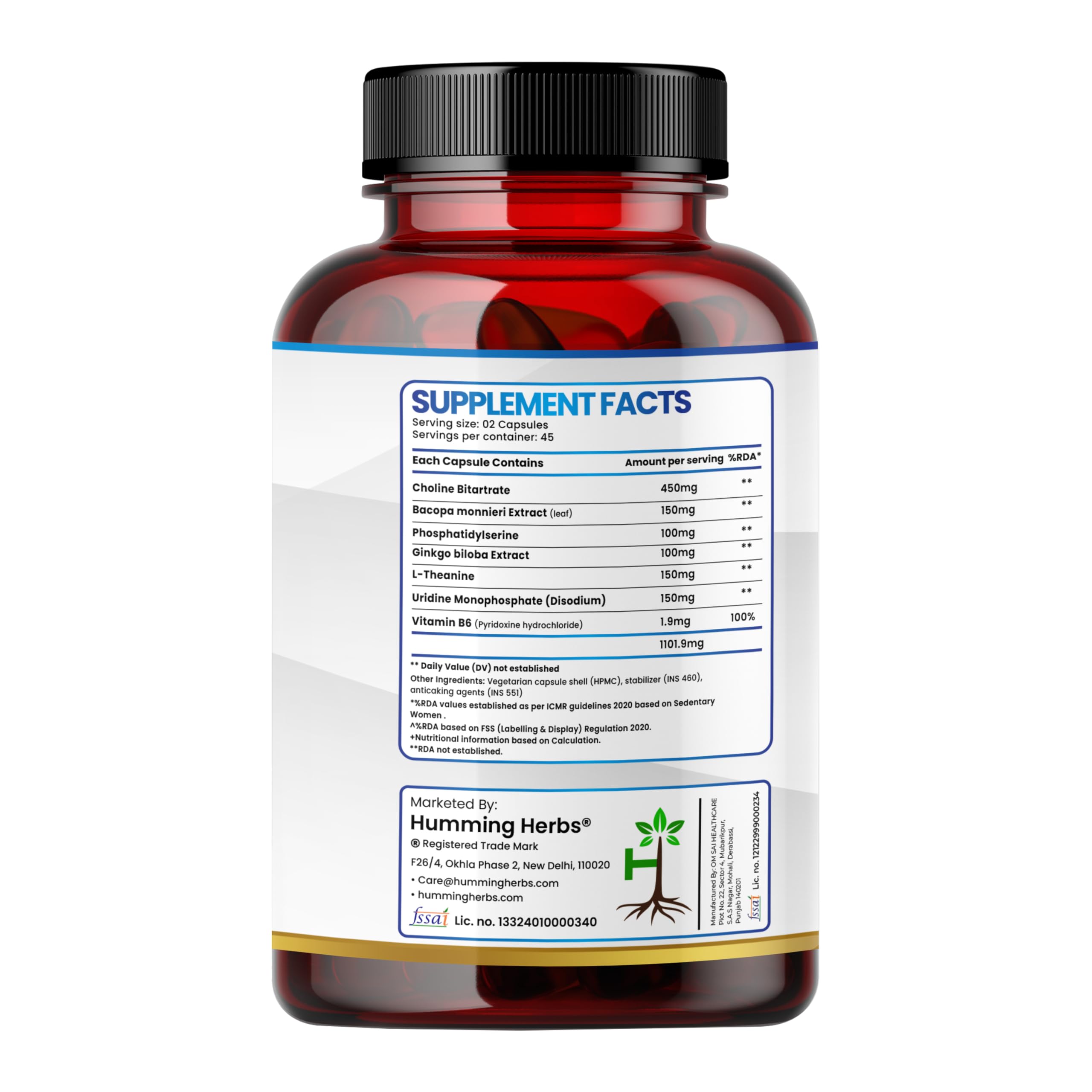 Humming Herbs Choline 1122mg with Bacopa, Ginkgo, Phosphatidylserine, L-Theanine & B6 | 7-in-1 Cognitive Support Formula | 90 Veg Capsules | 45 Days Supply | Brain Health Supplement 1