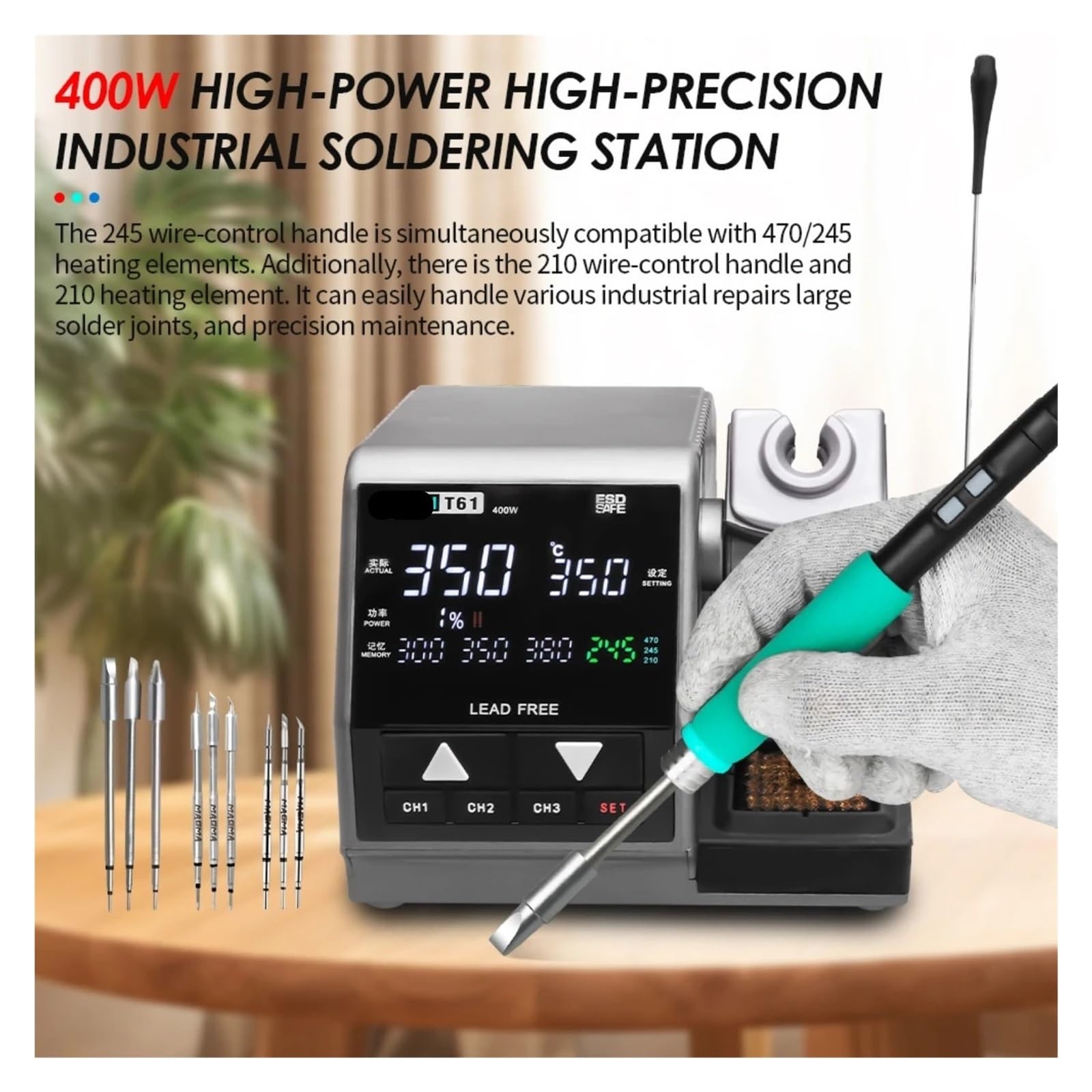 Stazione di Saldatura, Stazione di saldatura ad alta potenza T61 da 400 W, strumento rilavorazione compatibile con punte C470 C245