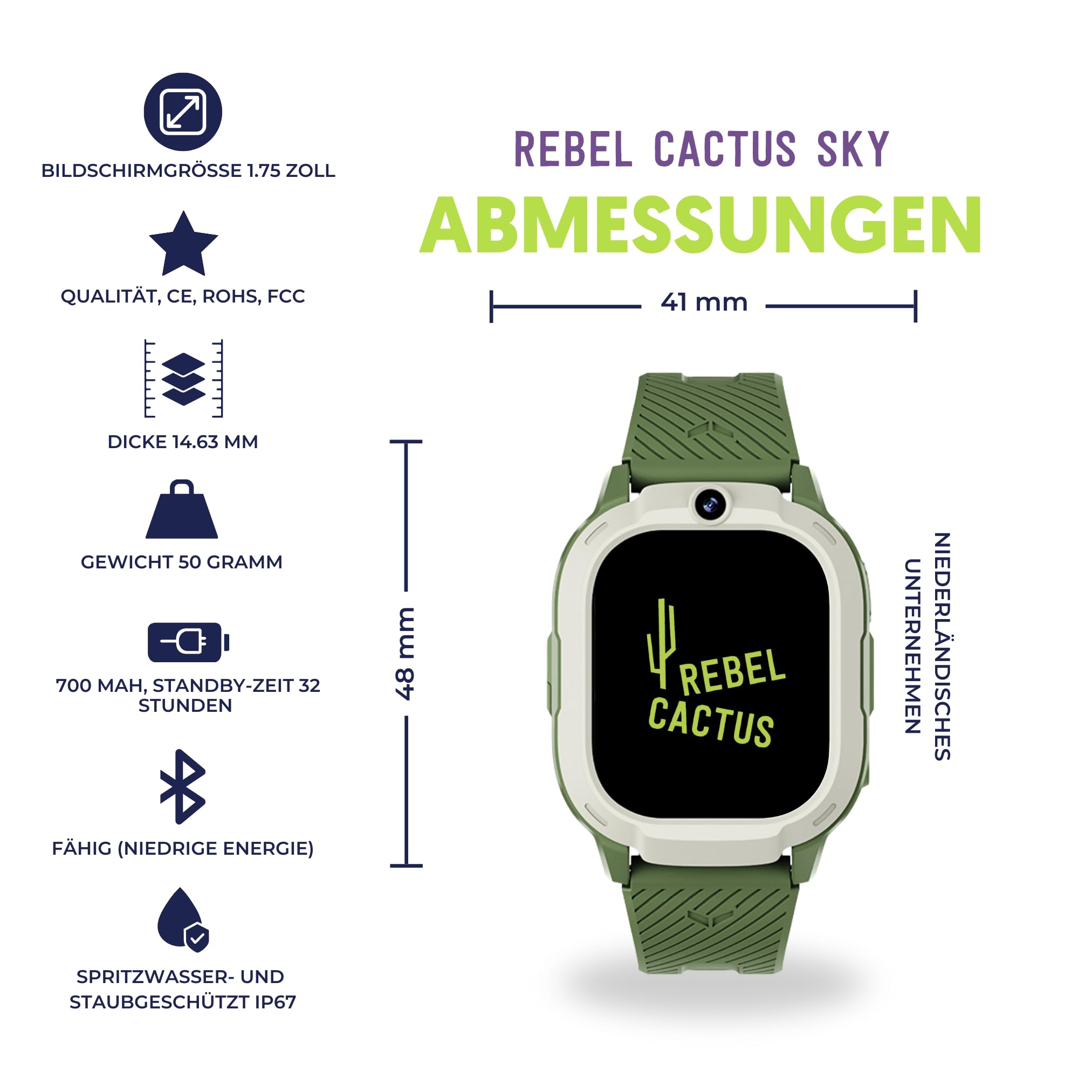 Rebel Cactus Sky Reloj Inteligente para Niños con GPS y Teléfono - Localizador GPS, Cámara, Videollamadas y Funciones Educativas - Smartwatch Infantil Verde