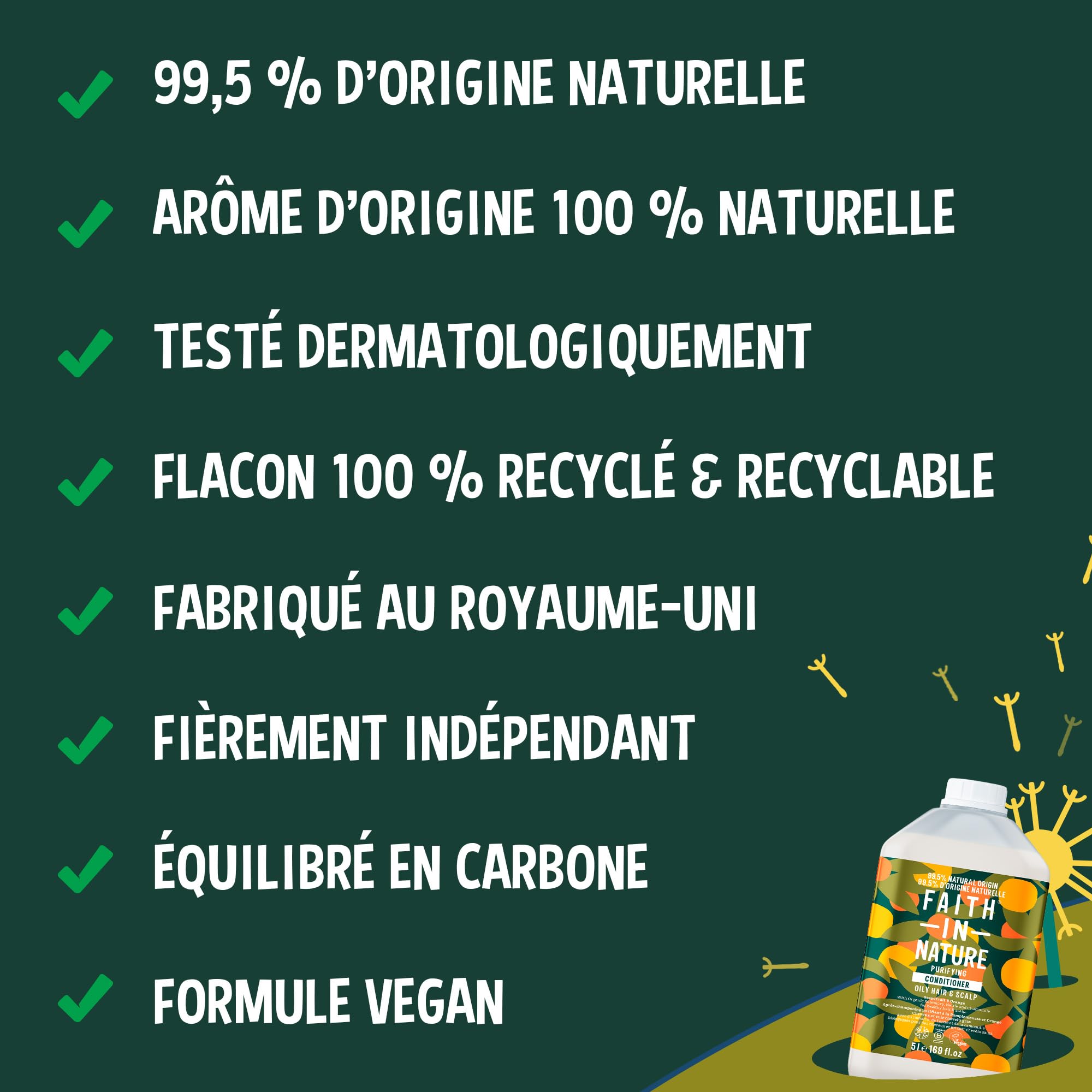 Faith In Nature Après-Shampooing Naturel au Pamplemousse et à l’Orange, Purifiant pour Cheveux et Cuir Chevelu Gras, Végan et Non Testé sur les Animaux, Sans SLS, Silicones ni Parabènes, Recharge 5 L