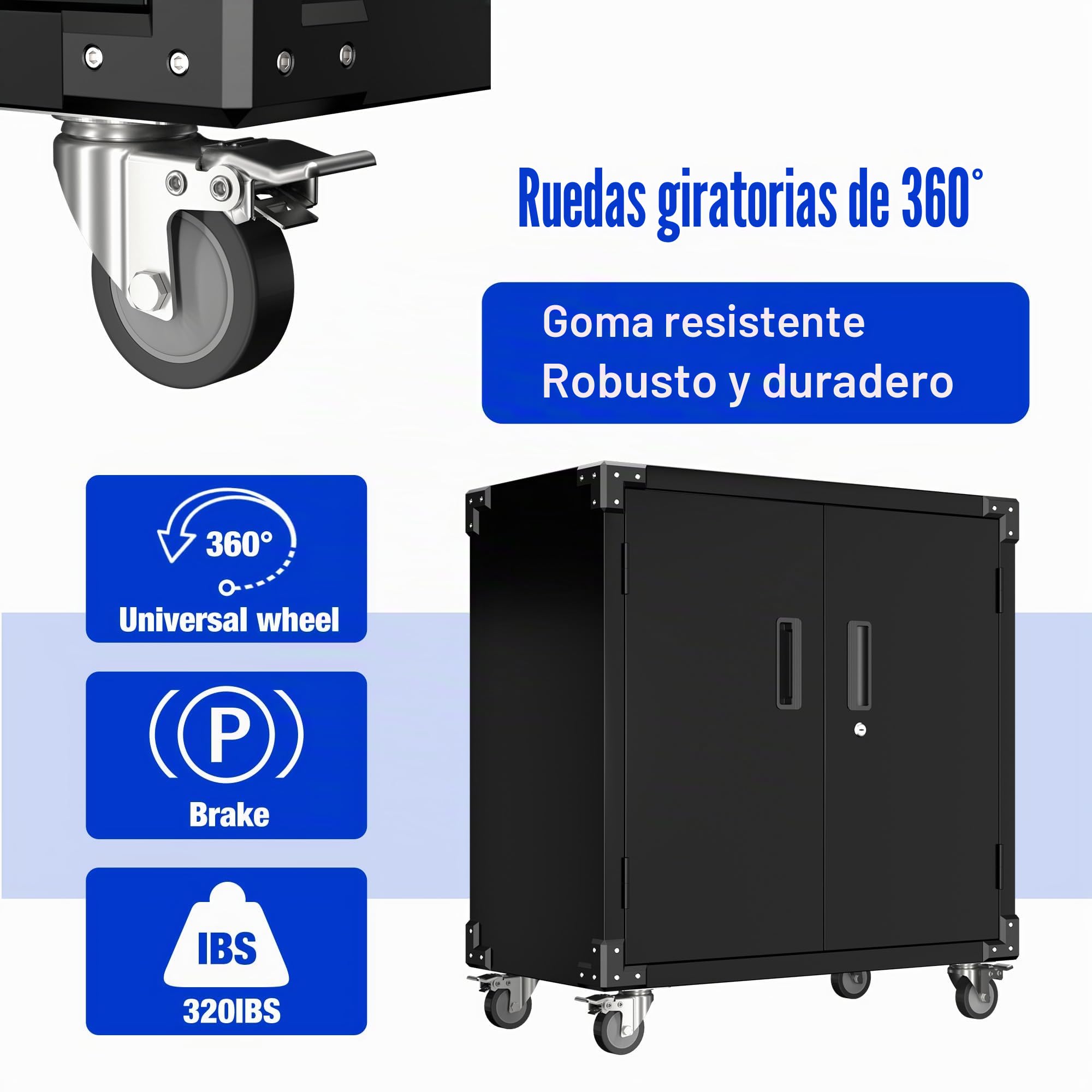 SUPEER Armario de herramientas con ruedas, tablero de clavijas y 4 ganchos, armario de metal con 2 puertas y estantes ajustables, armario de acero, con cerradura para garaje, casa y oficina
