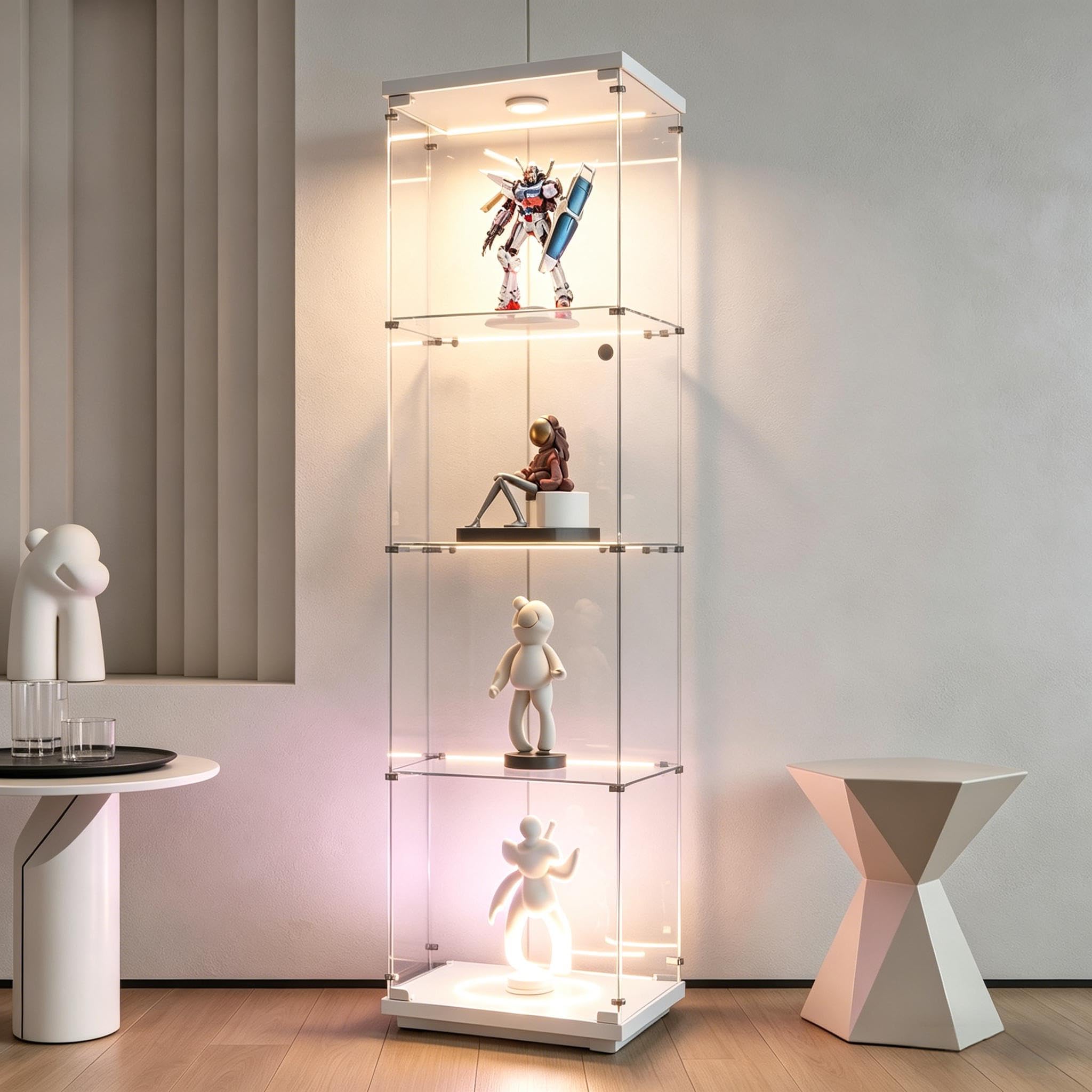 Vitrine en Verre à 4 Couches pour Collection avec LED, Vitrine Moderne avec 4 Étagères et 1 Porte, Armoire de Collection Verticale pour Collection Sur Pied Vitrine Murale enVerre (Blanc-2B, 43x37x164)