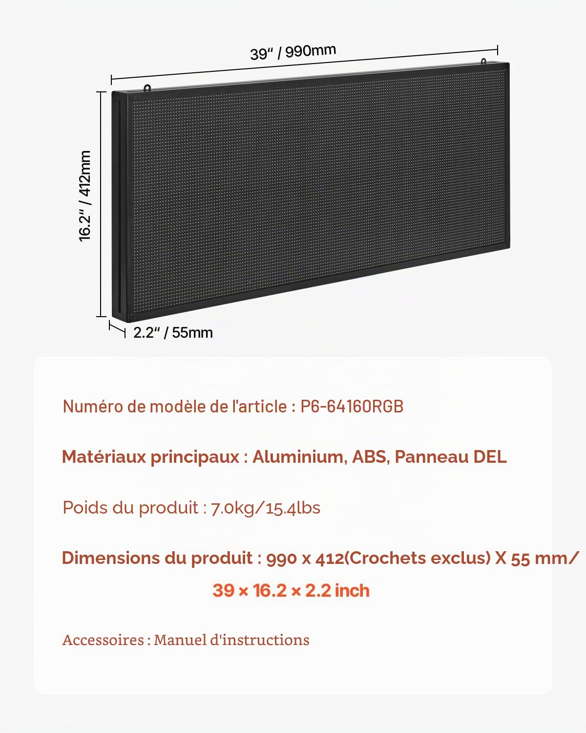 VEVOR Enseigne Lumineuse LED Programmable 99x41,2 cm, Panneau d’Affichage Numérique Couleur Pleine P6, GIF à Motifs de Texte Personnalisés, Commande Bluetooth, Information Publicitaire Publicité