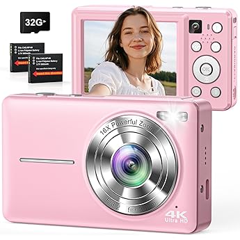 Digital Camera 4K 64MP Camera Double Camera with Auto Focus Flash 16X Zoom Anti-Shake 32GB Card Compact Vlogging Camera for Children Teenagers Adults Beginners Pink