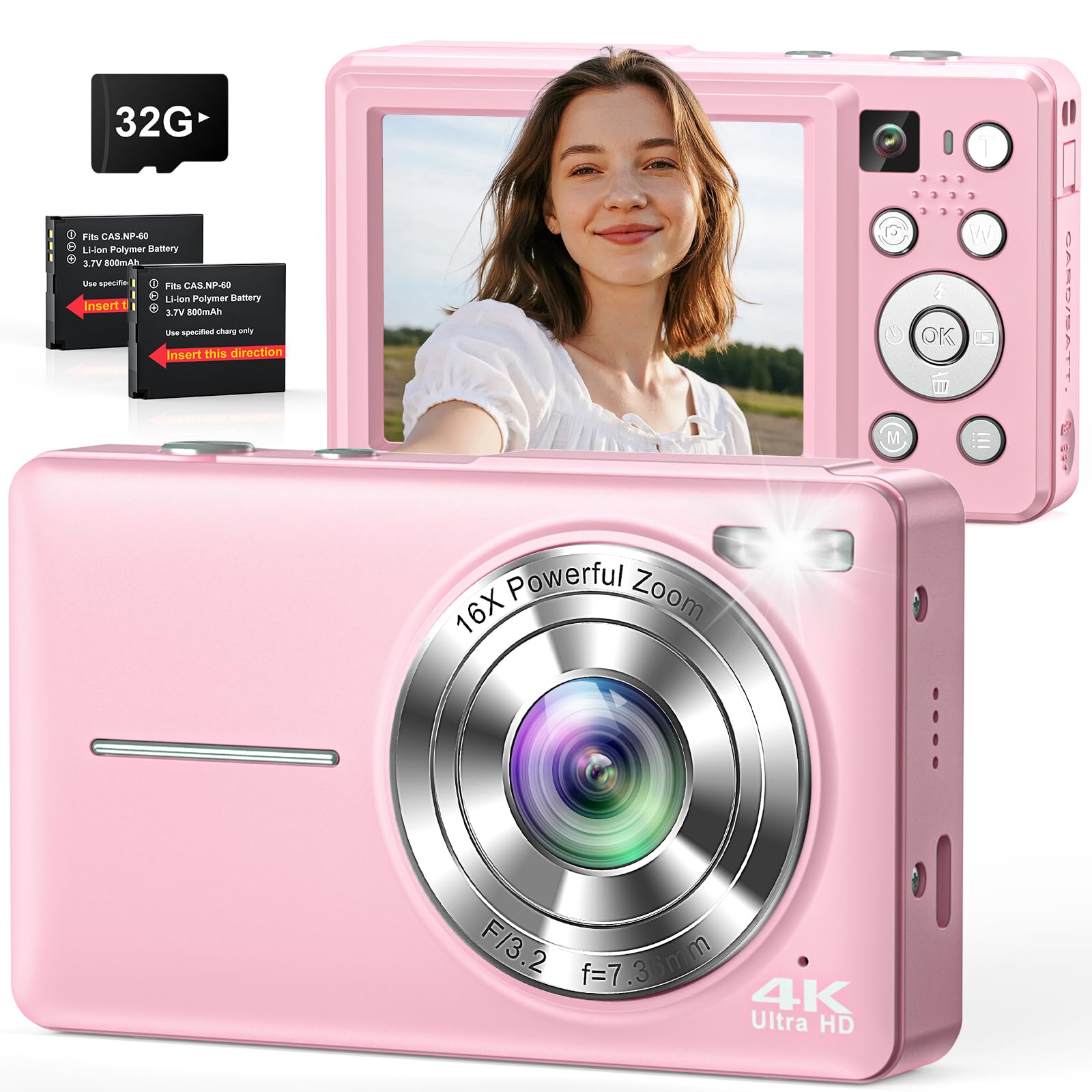 Fotocamera digitale 4K 64MP, Macchina Fotografica Digitale doppia fotocamera con autofocus, flash, zoom 16X, scheda da 32 GB, fotocamera per bambini, adolescenti, e principianti - rosa