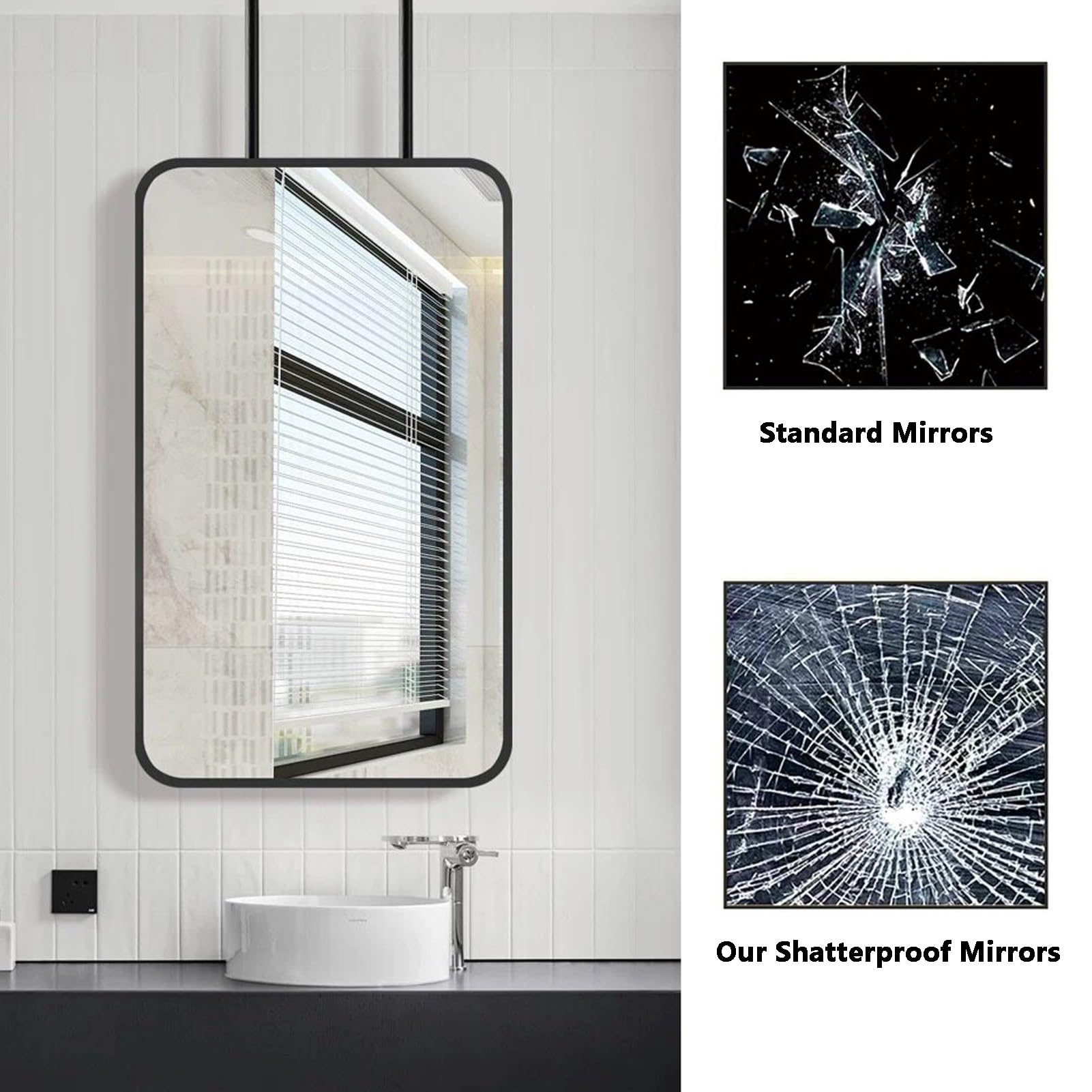 Black Recle metalowe wiszące lustro sufitowe - 60 x 90 cm zawieszone lustro łazienkowe do makijażu z podwójnymi prętami do wystroju przedpokoju i hotelu