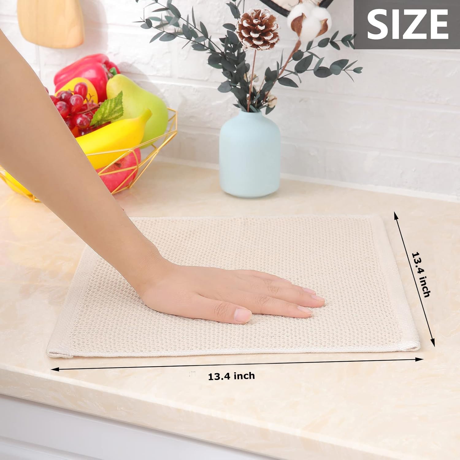 ARQIVO® Cotton Kitchen Dish Cloths, 2 Pack Super Absorbent and Lint Free Waffle Weave Dish Towels, Fast Drying Dish Rags for Washing Dishes, 13.4 X 13.4 Inch, Black (Beige, Pack of 2)