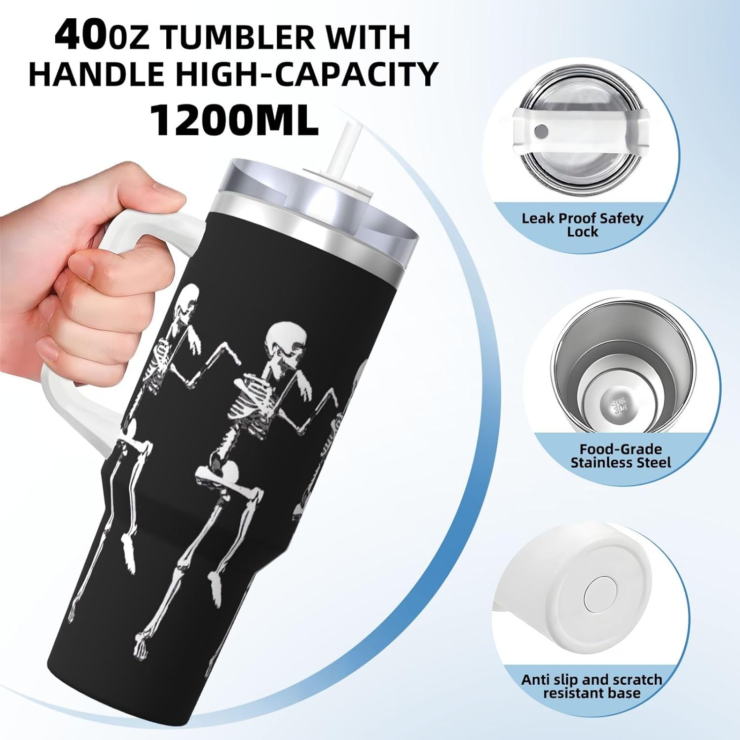 40 OZ Halloween Posable Skeleton Skull Print Ice Bully Cup with Handle Straw Lid Straw,Stainless Steel Tumbler Coffee Cup