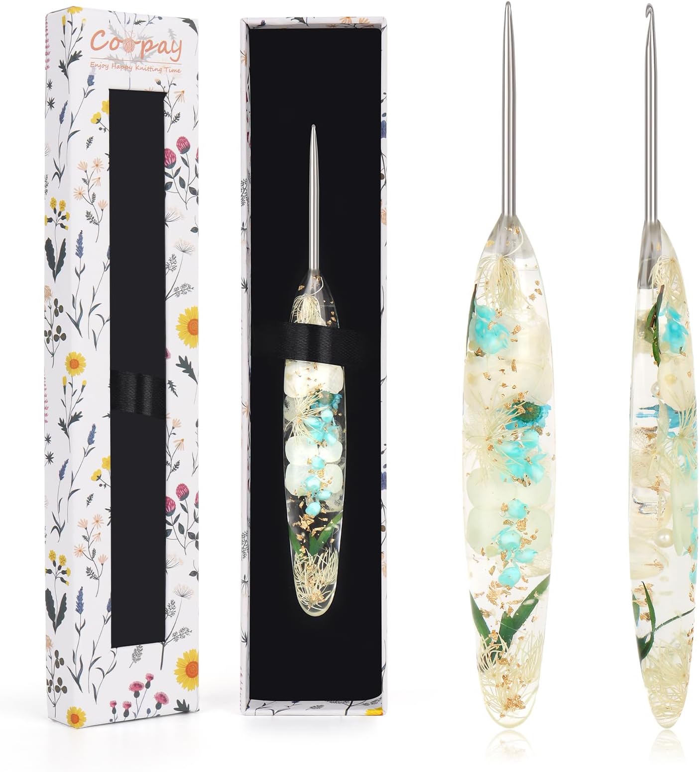 Coopay 1.0mm Crochet Hook, Bling Floral Resin Crochet Hooks with Case, Smooth Stainless Steel Crochet Hook, Ergonomic Crochet Hooks for Arthritic Hands, Ideal for Crocheting Lace, Dolls, Scarves