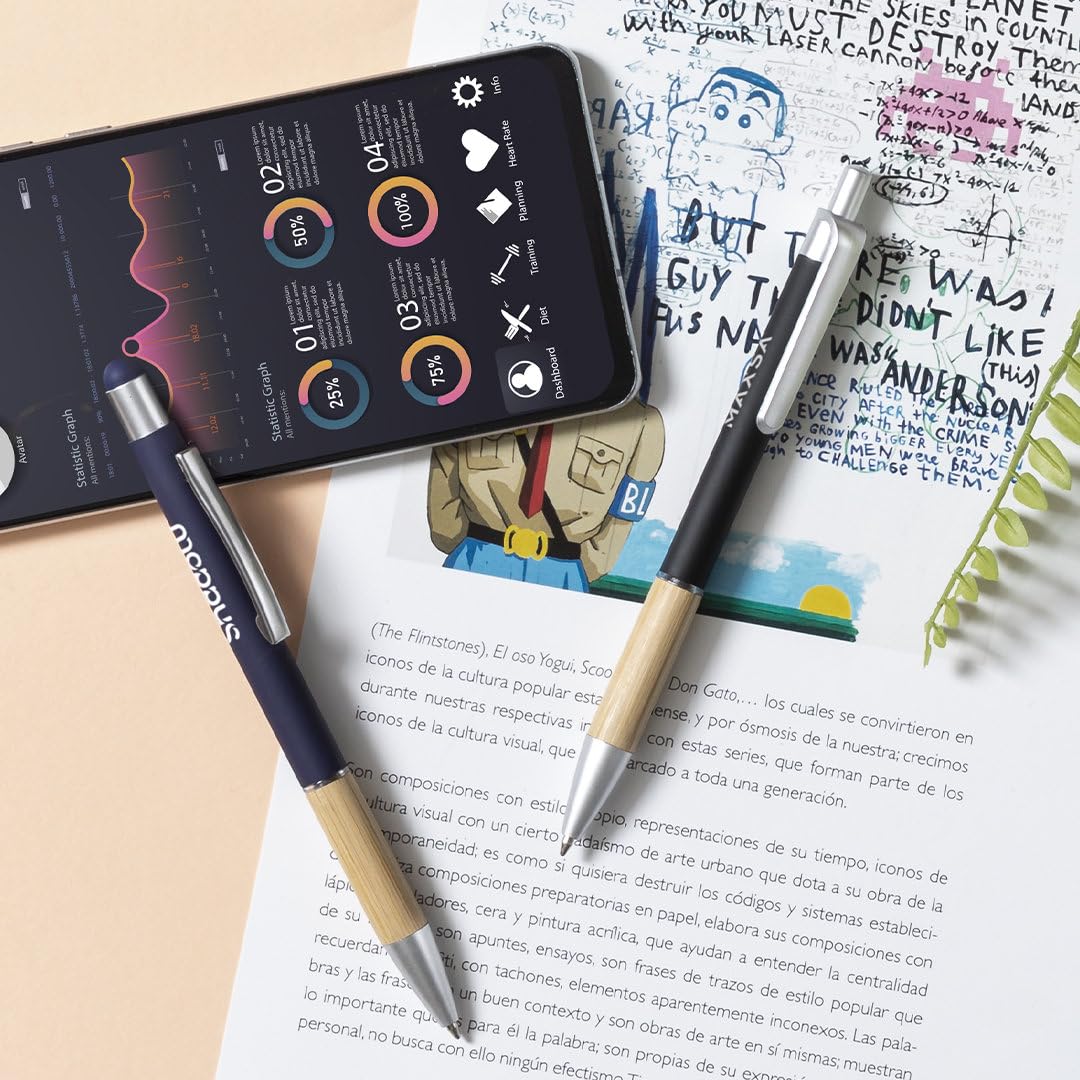 regalo grabado 300 Bolígrafos Personalizados 2 en 1 Metal Bambú Láser | Grabado hasta 2 líneas, puntero táctil, tinta jumbo azul, funda antelina opcional, uso: publicidad empresarial
