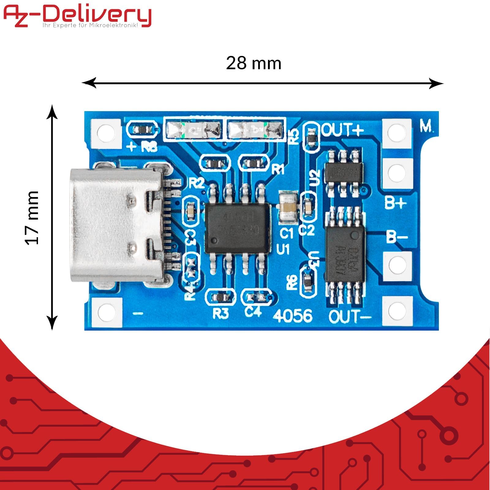AZDelivery 5X TP4056 moduł ładowania akumulatora – USB typ C, obwód ochronny, wskaźniki LED – niezbędny do baterii litowo-jonowych lub LiPo