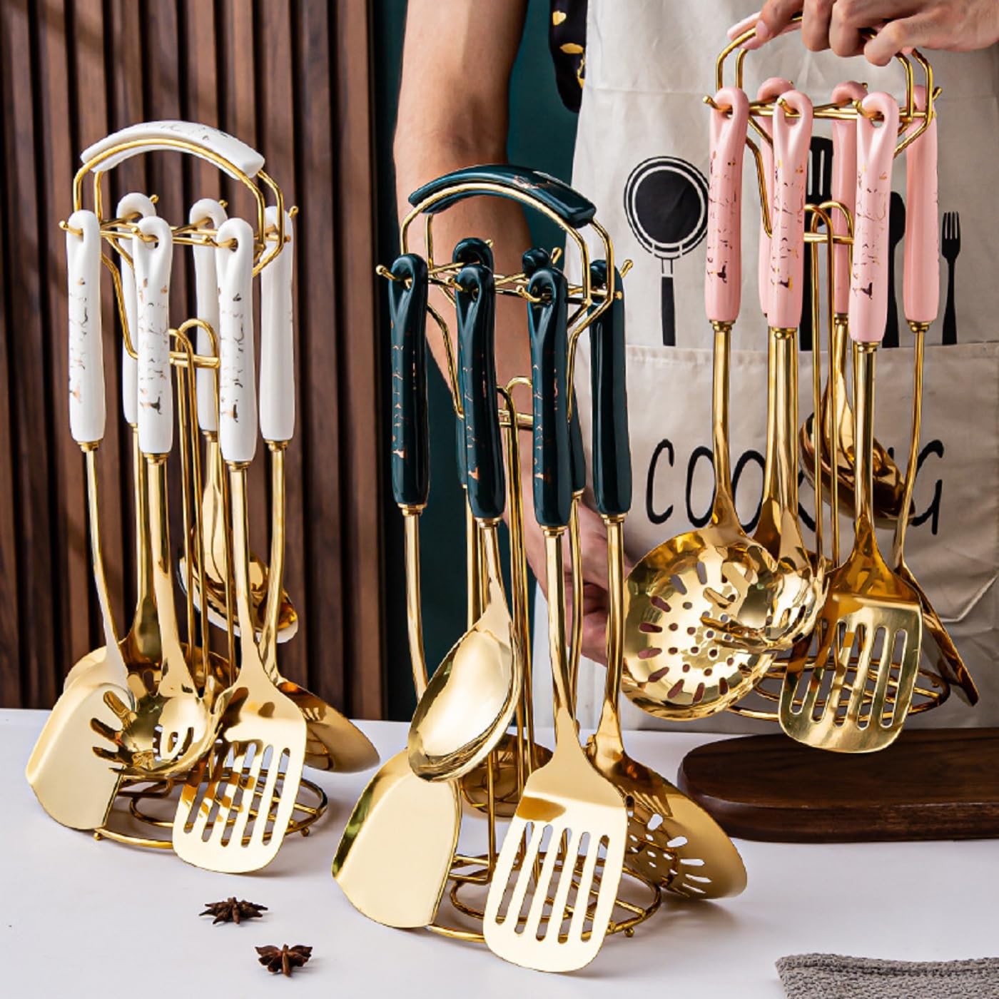 Juego De Utensilios De Cocina De Acero Inoxidable, 6 Piezas, Espátula, Cucharón Sopa, Espumadera, Servidor De Pasta Y Espumadera, Apto para Lavavajillas,Negro