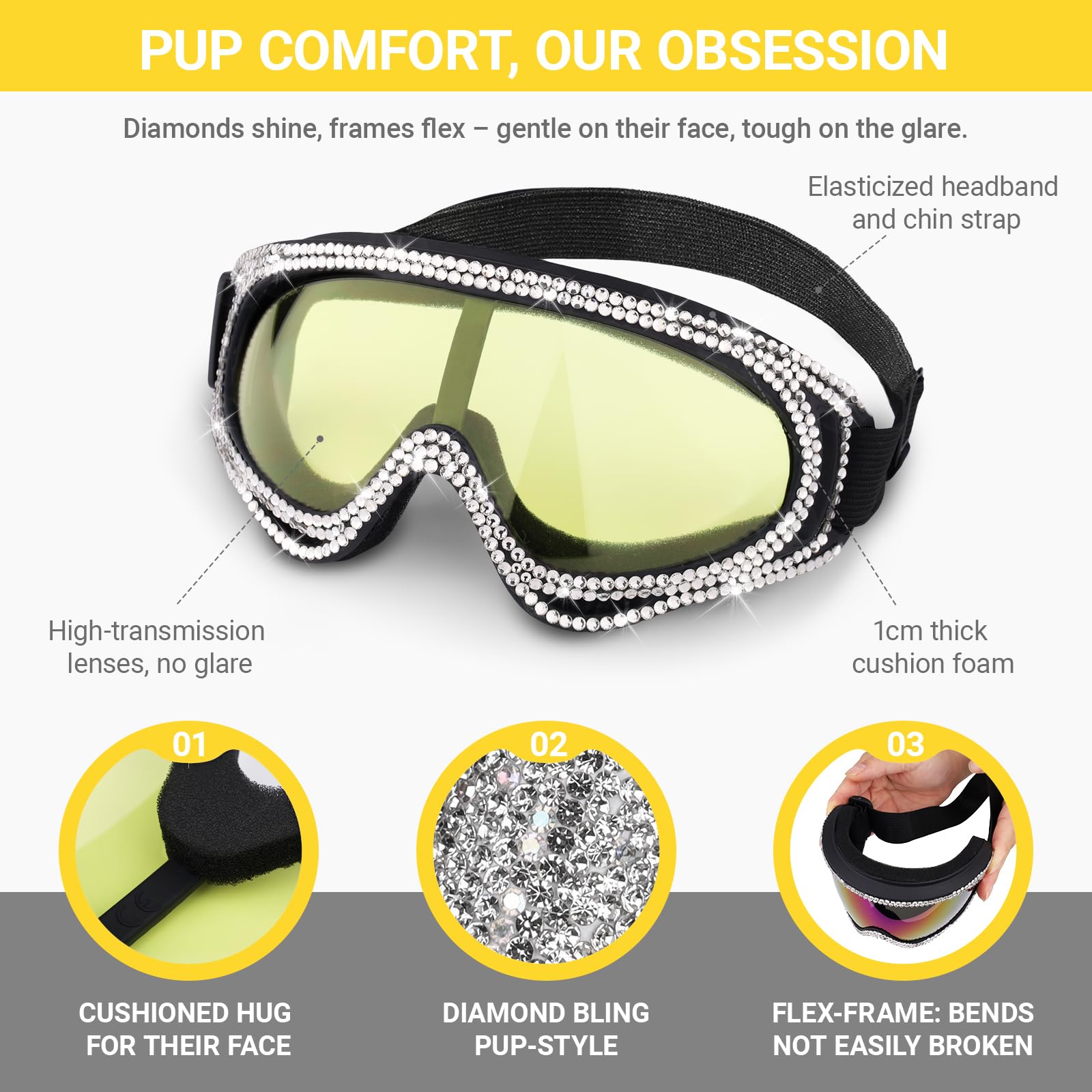 WOOFUU Pet Sunglasses for Dogs and Cats, UV Protection Glasses with Diamond Accents, Yellow-Reflective Lenses - Image 4