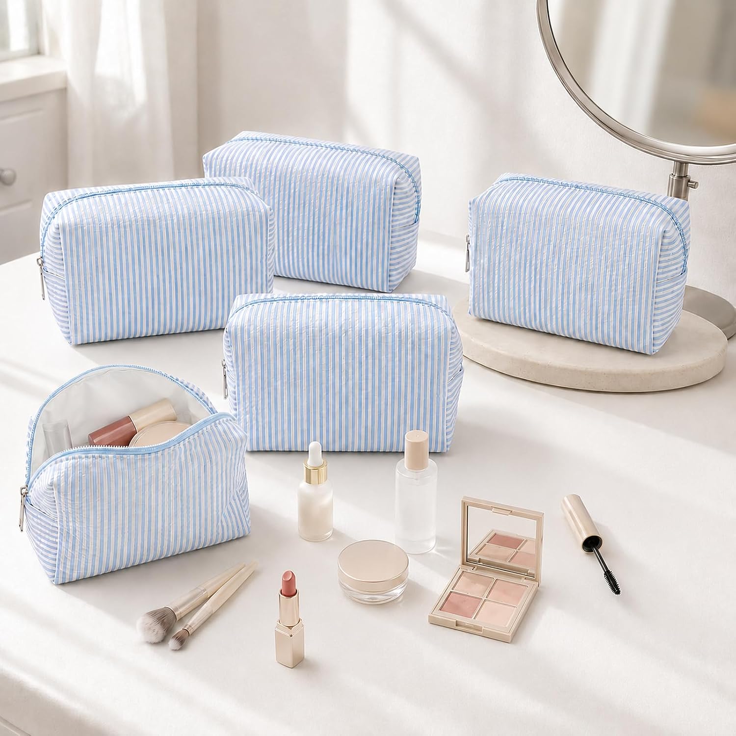 12 Pack Striped Makeup Bag Bulk, Seersucker Cosmetic Bags Women's Storage Pouch for Daily Essentials, Bridesmaid Gifts and Bachelorette Party Favors for Weddings, Travel and Everyday Use, Blue image 4